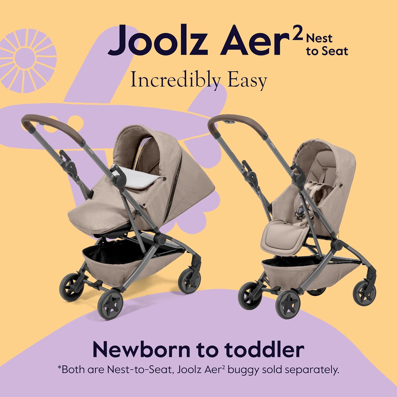 Joolz AER2 Nest-to-Seat Accessory for Newborn-to-Toddler Use (Up to 33 lbs) - Lightweight Compact Parent-Facing Seat, (Chassis Not Included) Airplane-Approved - One-Hand Fold - (Sandy Taupe)