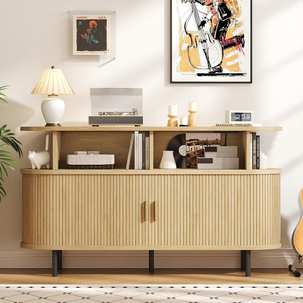 55' Large Round Record Player Stand with Charging Station, Vinyl Record Storage Cabinet, Mid Century Modern Turntable Stand with Open Shelves Holder for Bedroom Living Room, Sliding Doors (Oak)