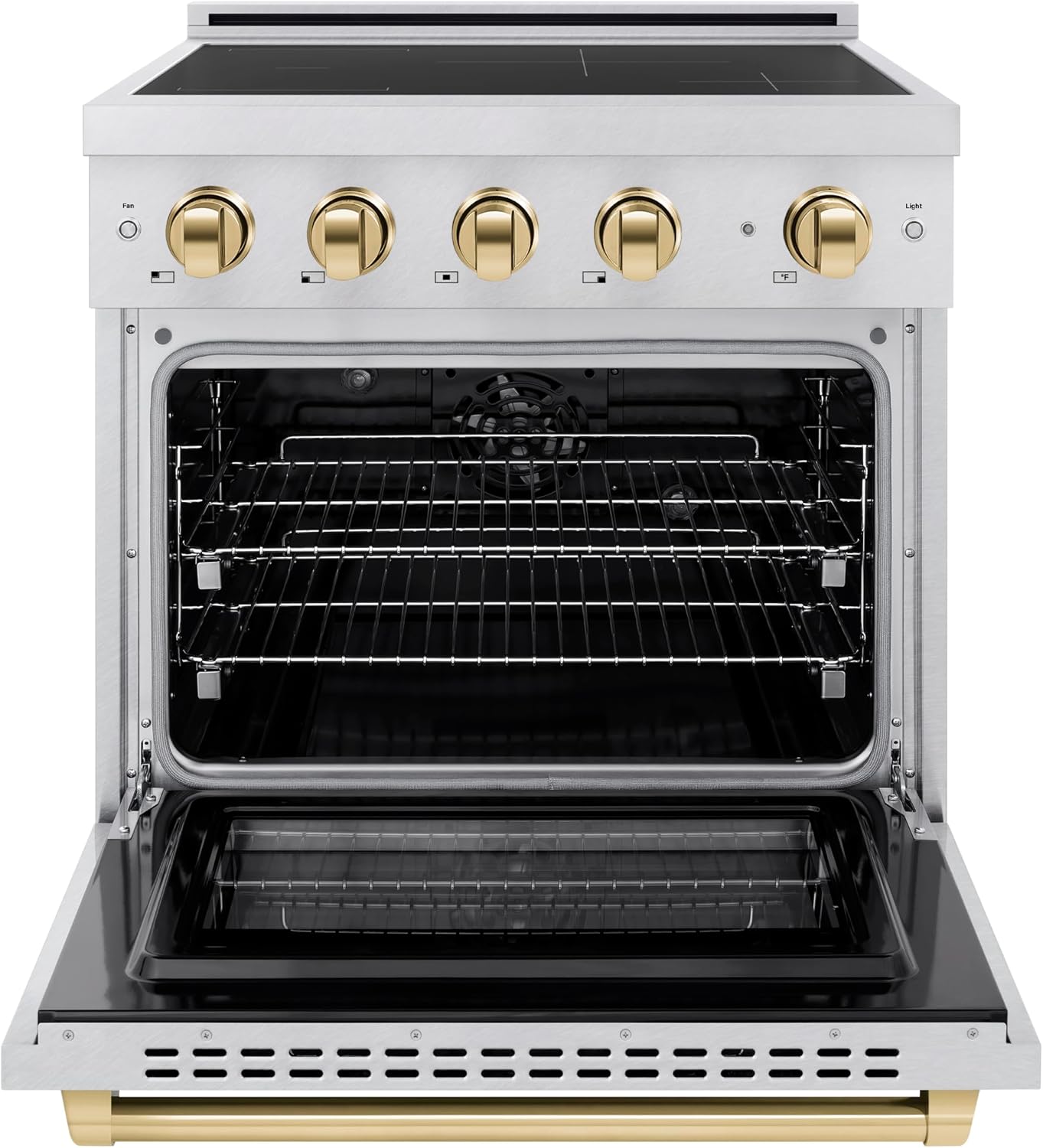 ZLINE Autograph Edition 30 in. 4.2 cu. ft. Paramount Induction Range with 4 Element Cooktop and Electric Convection Oven in Satin Stainless Steel with Polished Gold Accents (SINRSZ-30-G)