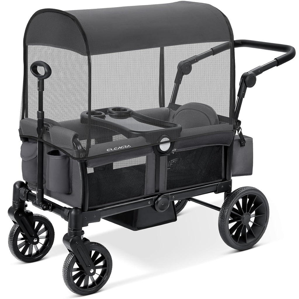 ELEMARA Foldable Wagon Stroller, Stroller Wagon for 2 Kids, Premium All Terrain Wagon for Kids with Removable Canopy, Adjustable Push/Pull Handle, Harnesses, Large Storage Bag, Gray