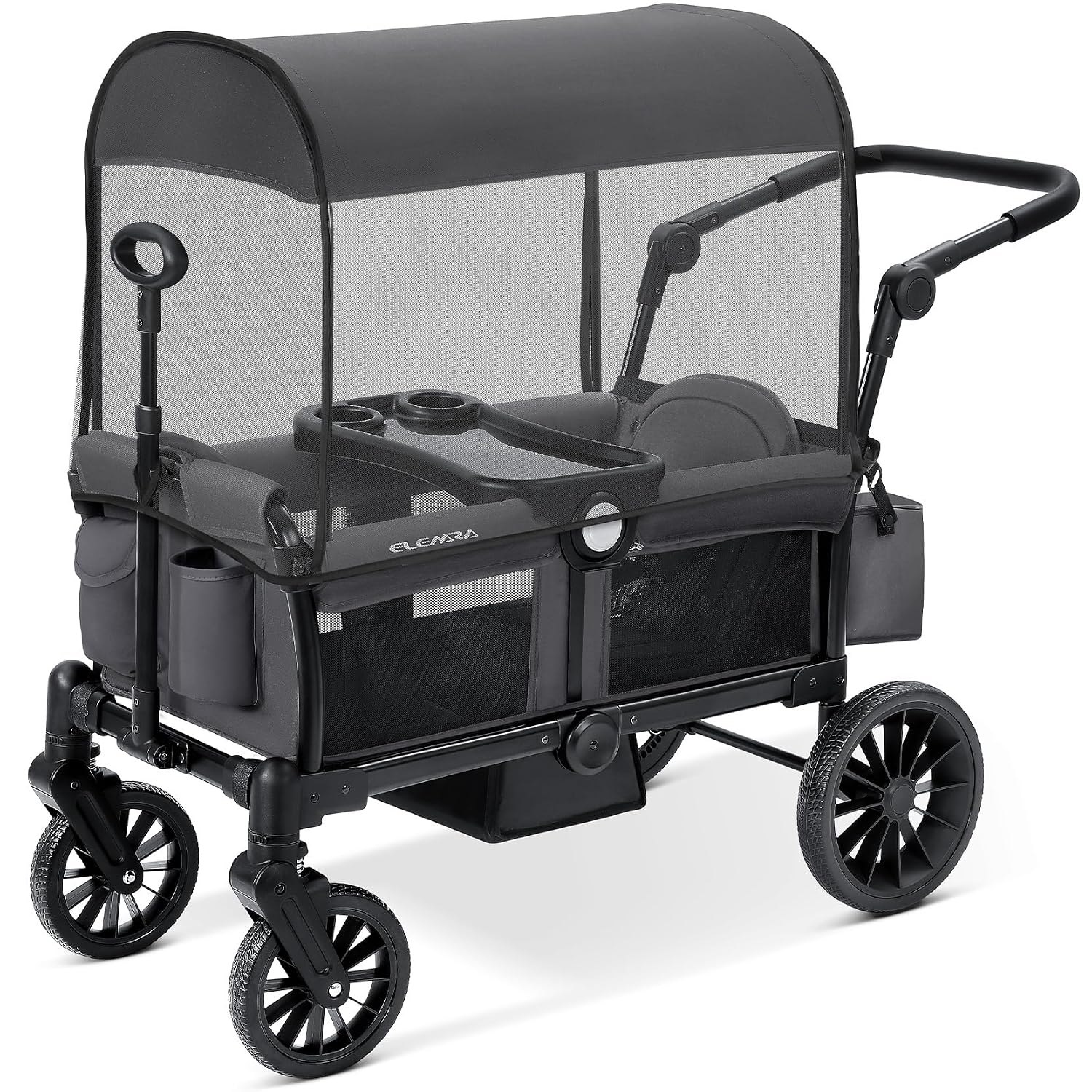 ELEMARA Foldable Wagon Stroller, Stroller Wagon for 2 Kids, Premium All Terrain Wagon for Kids with Removable Canopy, Adjustable Push/Pull Handle, Harnesses, Large Storage Bag, Gray