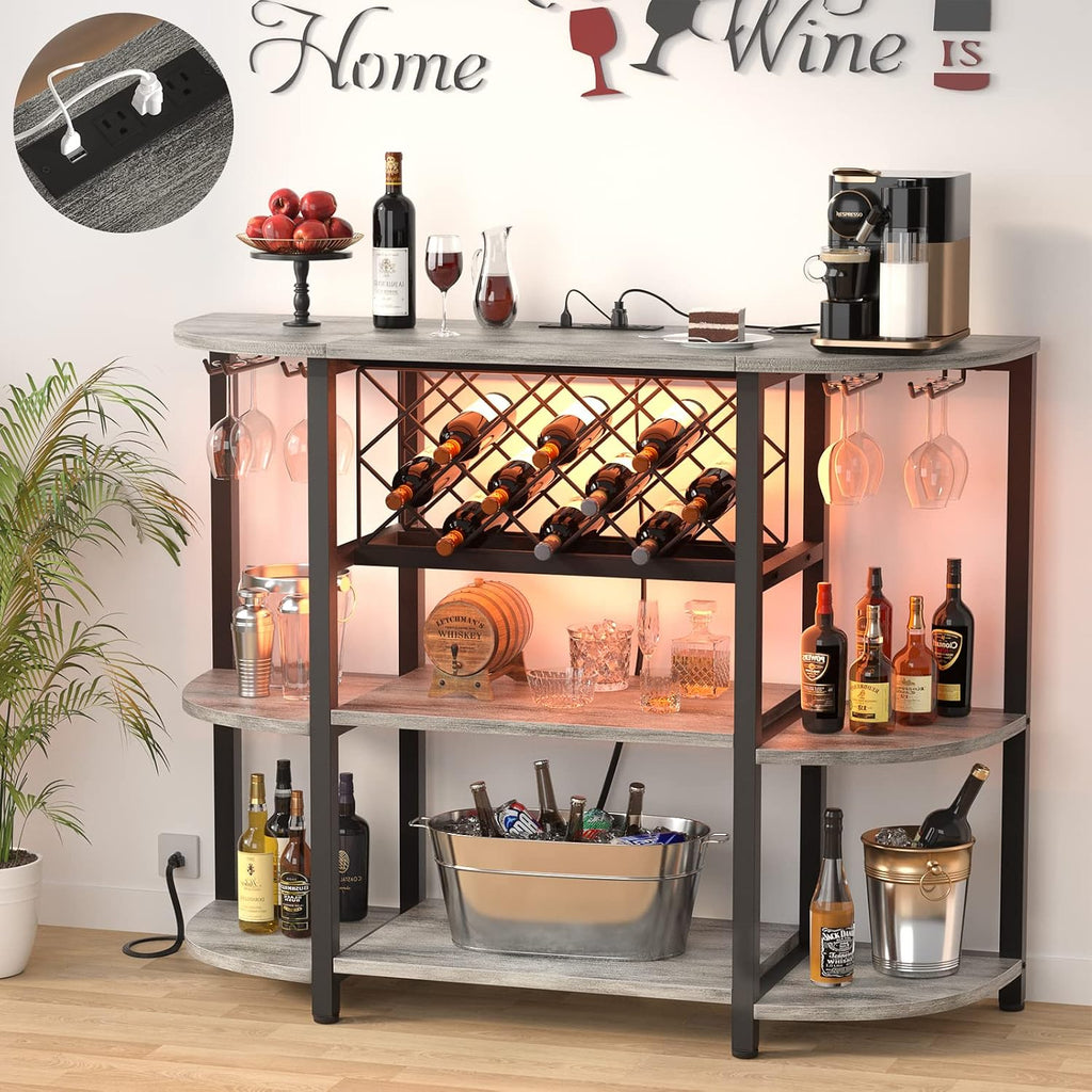Unikito 4-Tier Metal Coffee Bar Cabinet with Outlet and LED Light, Freestanding Floor Table for Liquor Glass Holder Wine Rack Storage, Bakers Kitchen Dining Room, White Oak