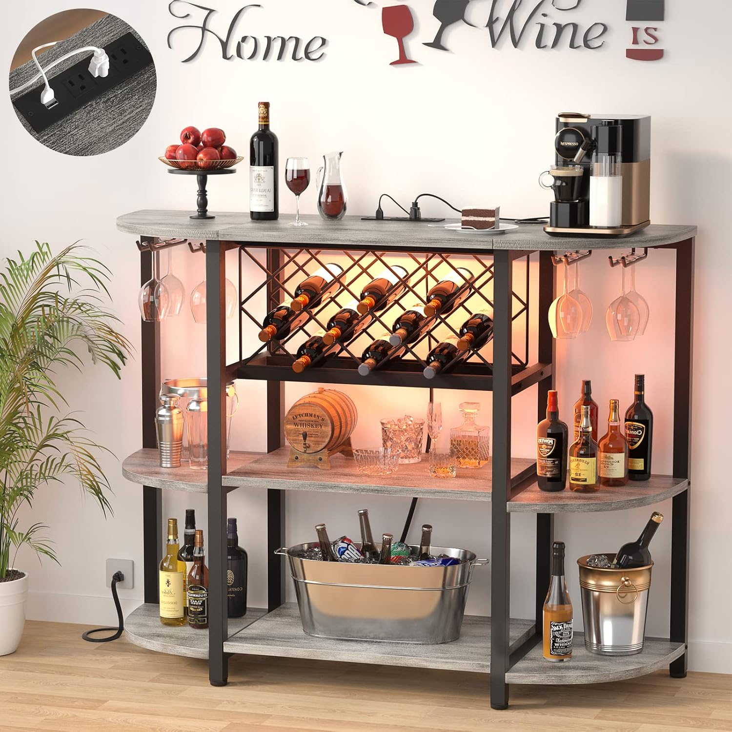 Unikito 4-Tier Metal Coffee Bar Cabinet with Outlet and LED Light, Freestanding Floor Table for Liquor Glass Holder Wine Rack Storage, Bakers Kitchen Dining Room, White Oak