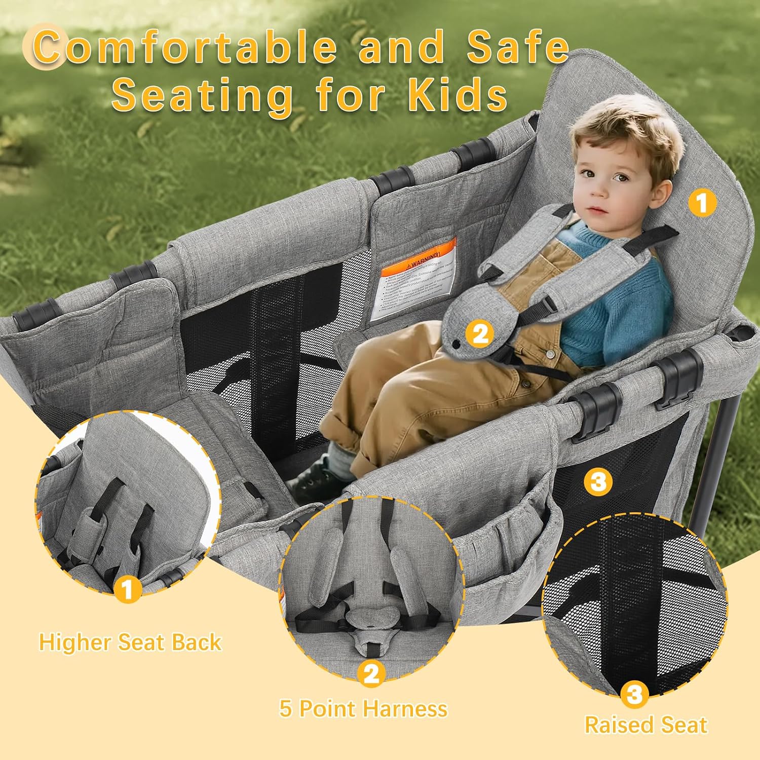 Wagon Stroller for 2 Kids, Foldable All-Terrain Wagon for Kids with Canopy, Adjustable Push and Pull Handles,Convertible High Seat & Organizer, 5 Point Harness (Light Gray)