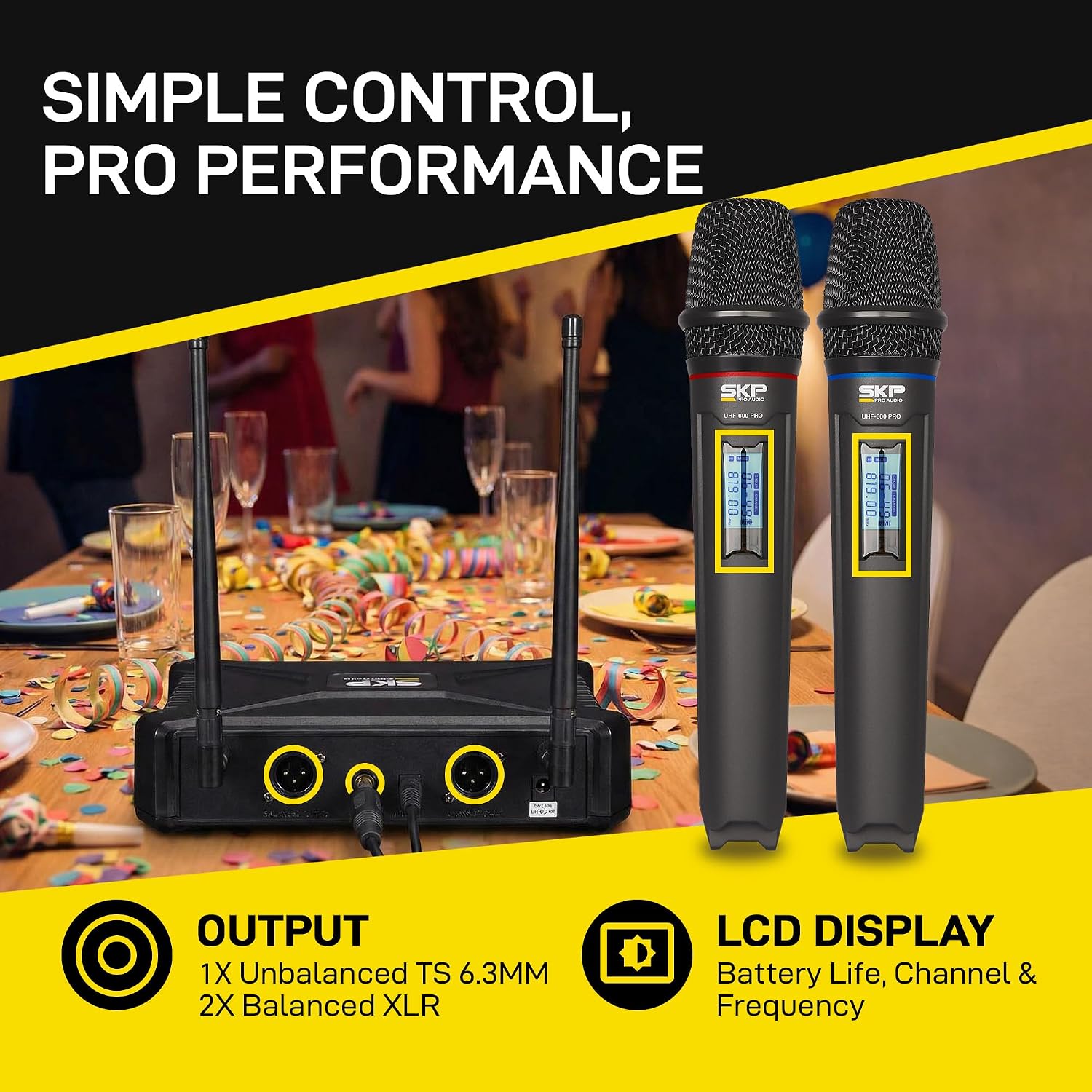 SKP UHF-600 PRO Dual Wireless Microphone System – Auto-Scan, 300ft Range, Dual LCD Control for Battery, Complete Kit with 2 Wireless Microphones for Karaoke, DJs, Weddings, Church & Classroom