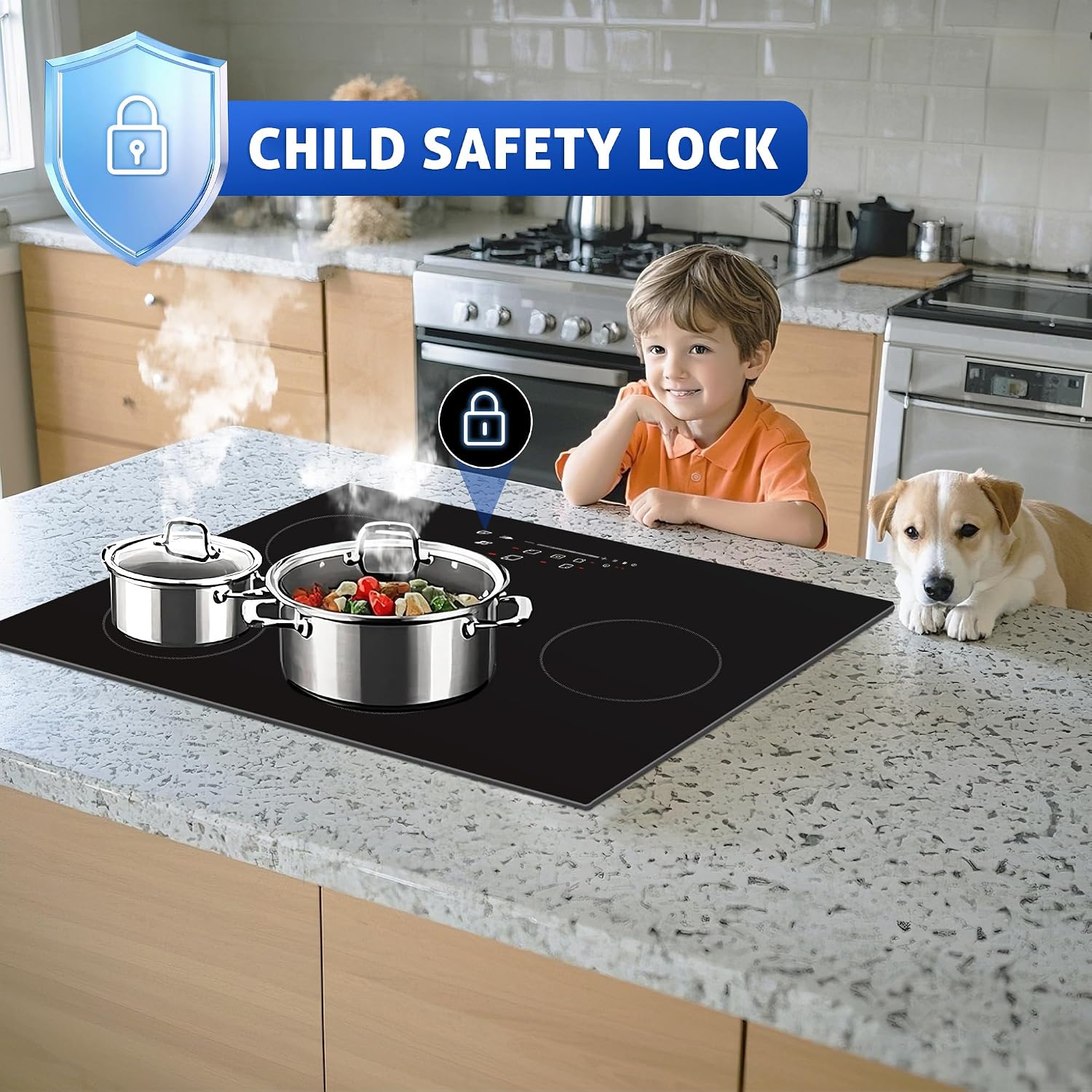 Awoco 30-Inch Ceramic Cooktop, 6600W Electric Stove with 4 Burners with hard wire, 9 Power Levels Digital Timer Child Lock, Residual Heat Indicator, Automatic Shut-Off Easy Clean Touch Panel, 220-240V