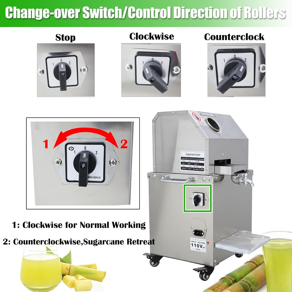 INTBUYING 800W Electric Sugarcane Juicer Sugar Cane Press Machine with 3 Stainless Steel Rollers 660LBS/H Output 2 Peelers Sugarcane Juice Extractor Squeezer on Wheels for Home Commercial Juice Shops