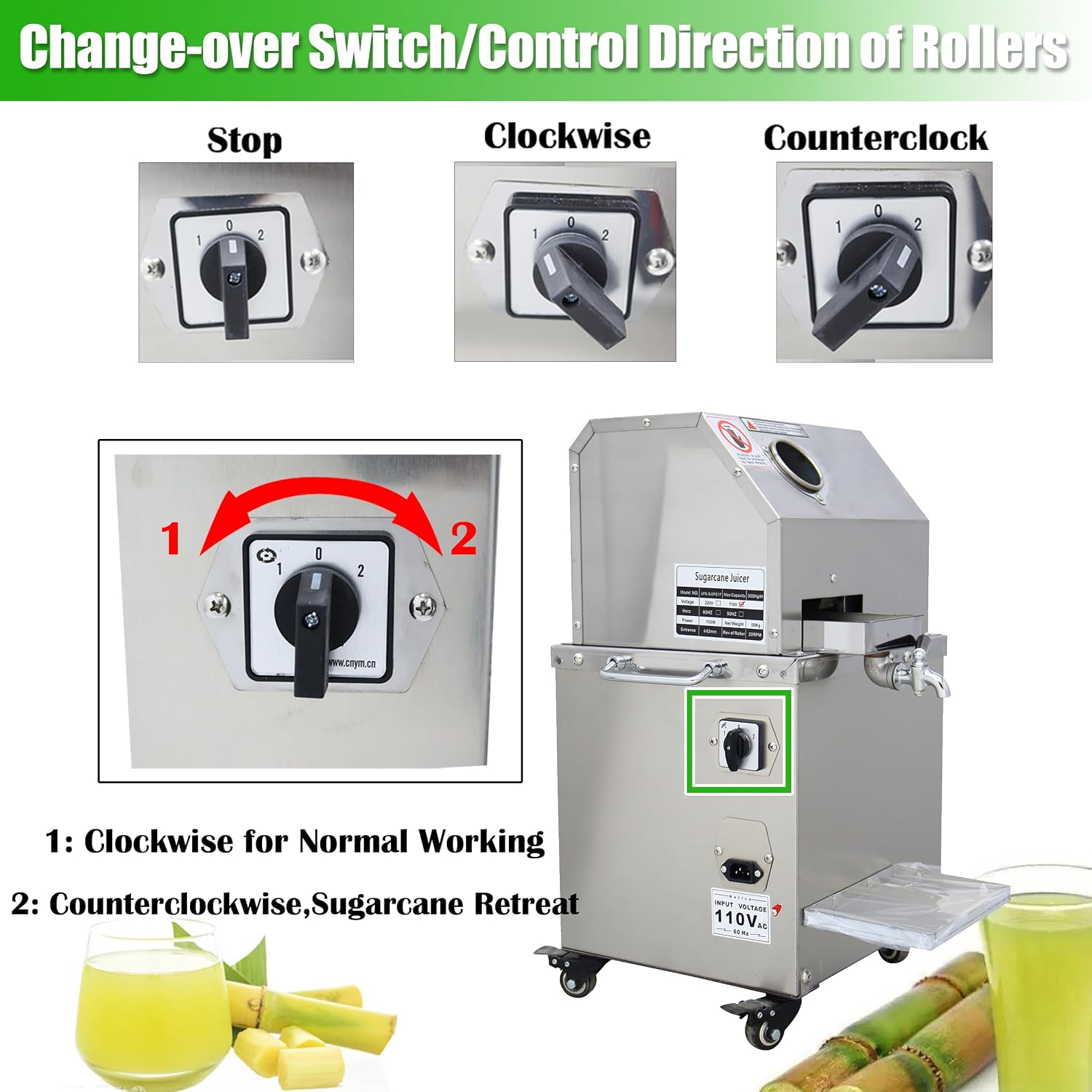 INTBUYING 800W Electric Sugarcane Juicer Sugar Cane Press Machine with 3 Stainless Steel Rollers 660LBS/H Output 2 Peelers Sugarcane Juice Extractor Squeezer on Wheels for Home Commercial Juice Shops