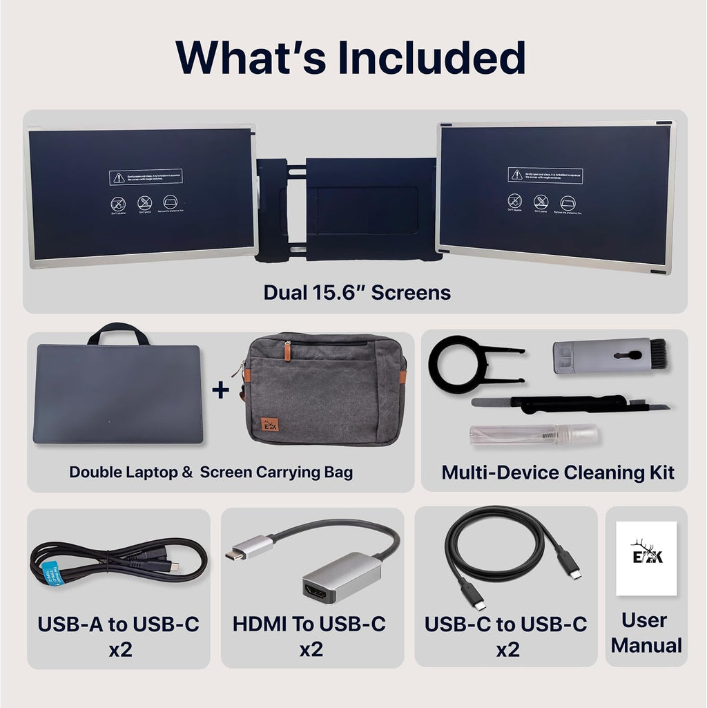 ELK 15.6' Dual Laptop Screen Extender - Laptop Bag & Cleaning Kit Included - FHD 1080P IPS - Detachable & Adjustable Monitor Extender - with Speakers - Compatible with Mac/Android/Win