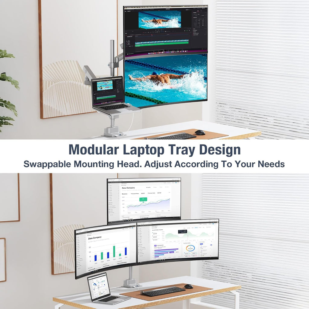 AVLT Laptop & Dual 40 Inch Stacking Monitor Arm Pole Top Mount with USB-C, A Ports - Gray, Supports 26.4 lbs (12kg), Ultrawide Screen Fit, VESA Compatible, Multi-Screens, Ergonomic Workspace Upgrade