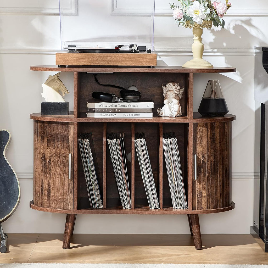 LELELINKY Small Round Record Player Stand with Charging Station & Fluted Panel, Brown Mid Century Modern Turntable Cabinet with Vinyl Storage, Arched Wood Record Player Table for Living Room