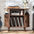 LELELINKY Small Round Record Player Stand with Charging Station & Fluted Panel, Brown Mid Century Modern Turntable Cabinet with Vinyl Storage, Arched Wood Record Player Table for Living Room