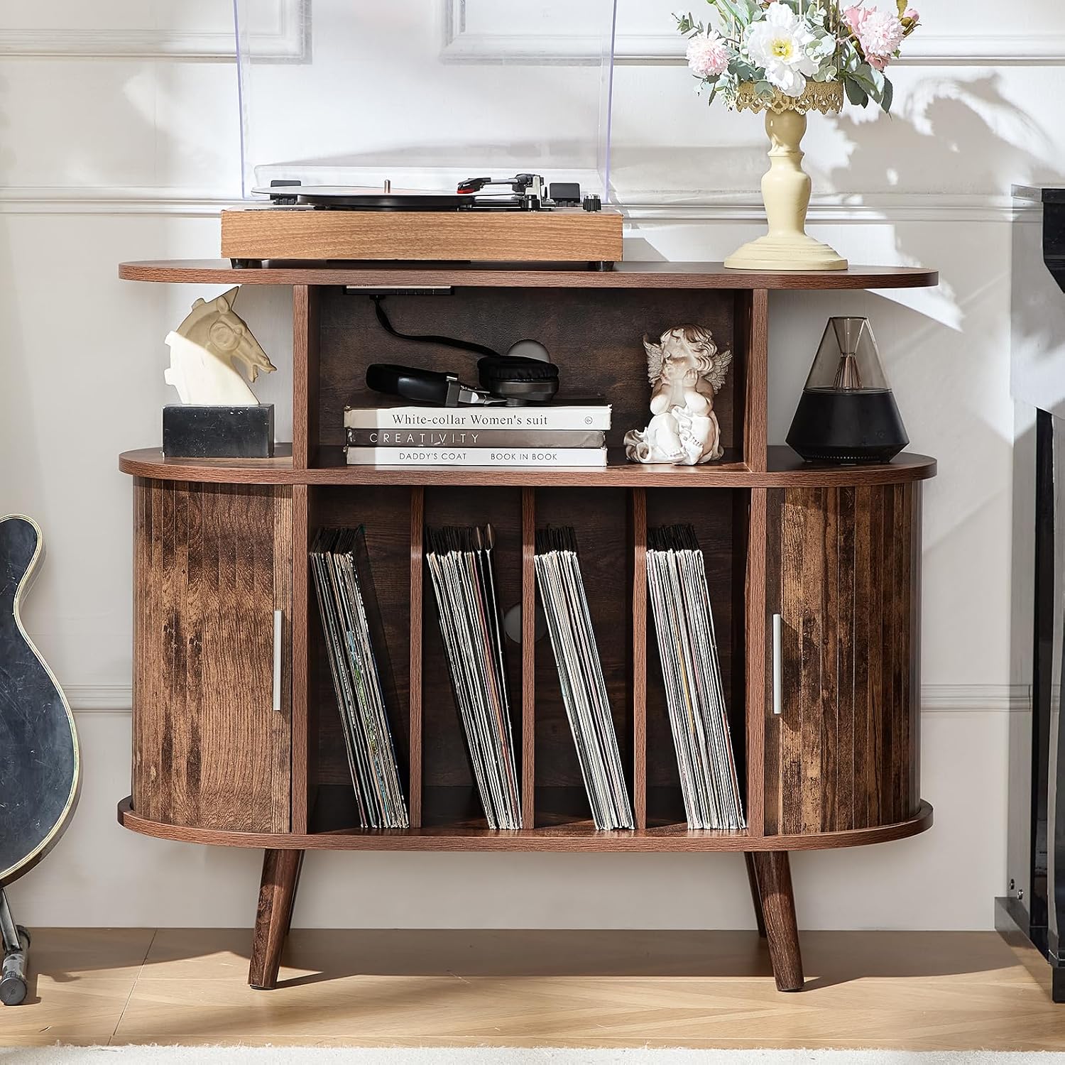 LELELINKY Small Round Record Player Stand with Charging Station & Fluted Panel, Brown Mid Century Modern Turntable Cabinet with Vinyl Storage, Arched Wood Record Player Table for Living Room