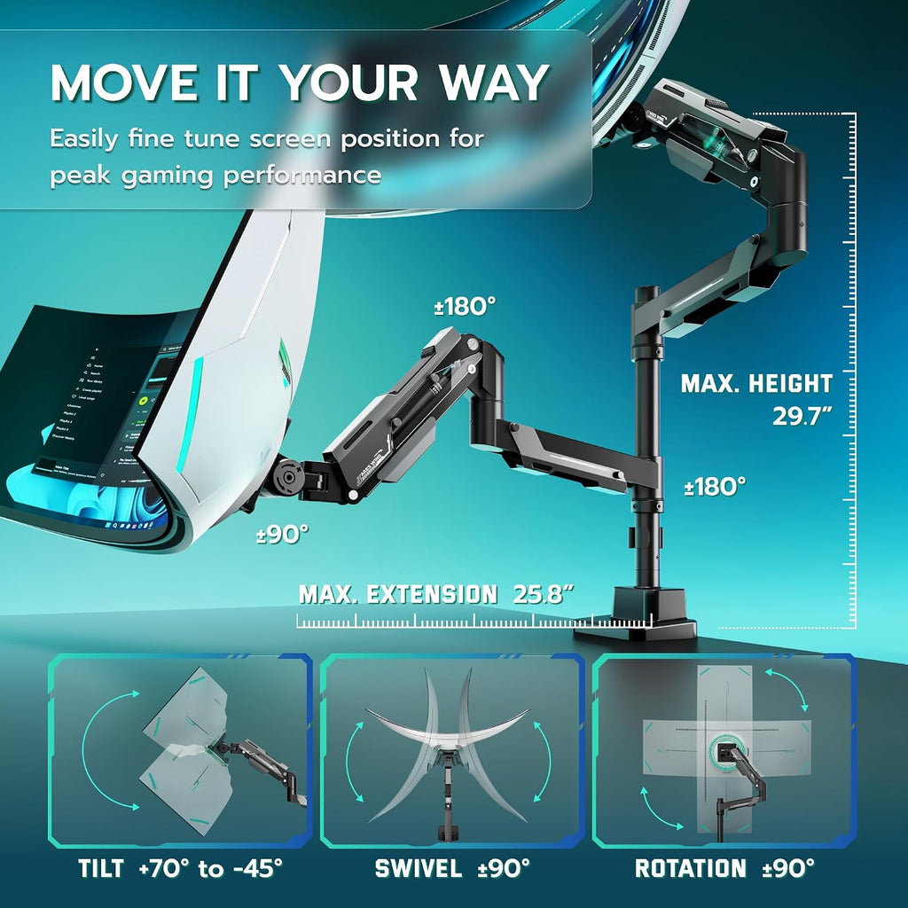 ARES WING Vertical Dual Monitor Mount - 24-57' Aluminum Heavy Duty Monitor Arms for 2 Monitors, Fully Adjustable Gas Spring Stacked Monitor Stand with 75/100/200 Vesa Mount, Black
