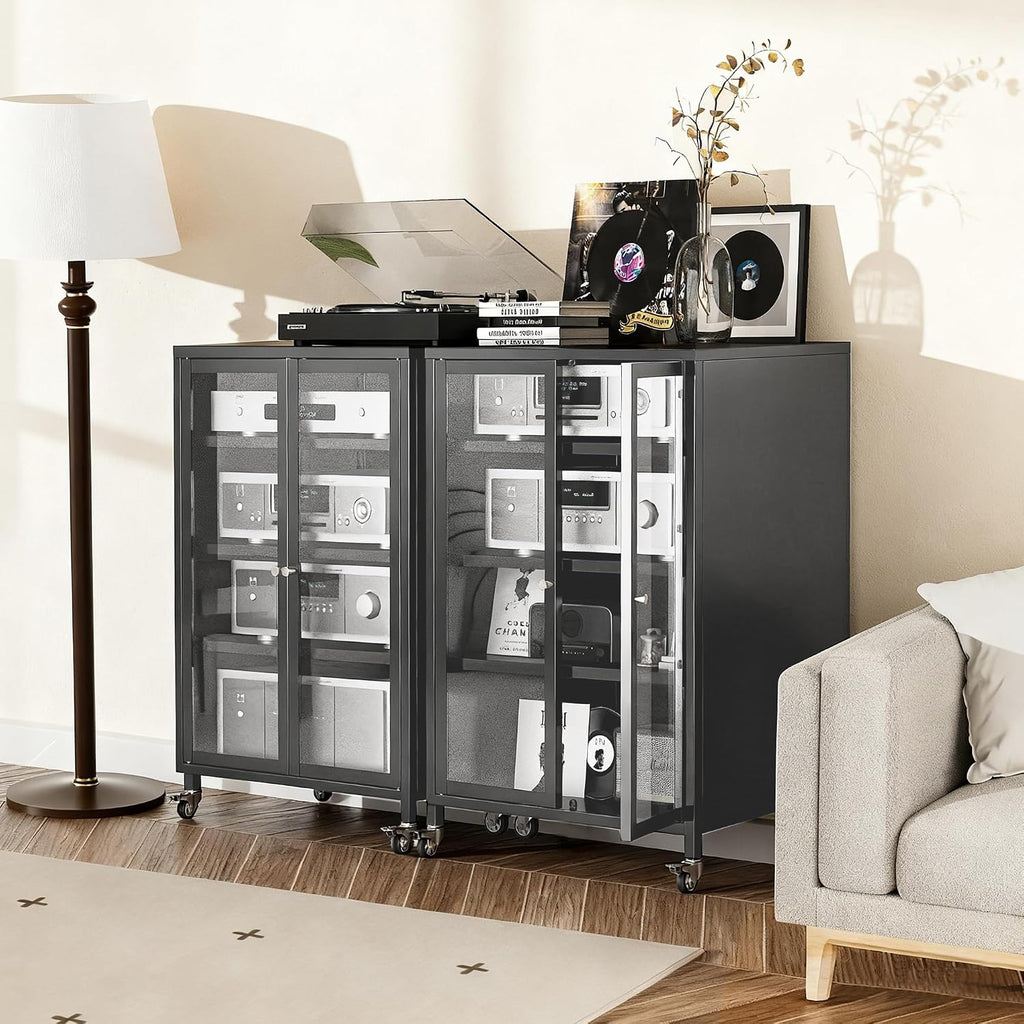 35.8' H Media Storage Cabinet with Wheels, Audio-Video Media Stand, Stereo Cabinet with Adjustable Shelves, Record Player Stand for Meeting, Living, Recording Room