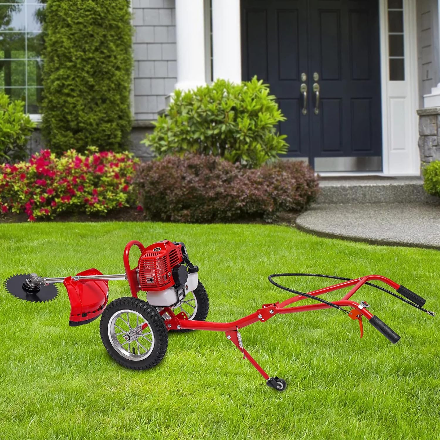 49CC Gas Powered Hand Push Lawn Mower, Walk Behind Weed Trimmer Brush Cutter Push Weed Eater with Wheels, 6500-7000r/Min Weed Wacker String Trimmer for Home Garden Yard