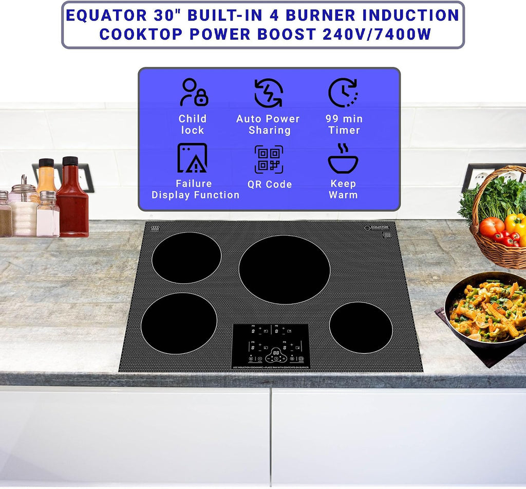 Equator 30' Built-In 4 Burner Induction Cooktop POWER BOOST Keep Warm 240V/7400W