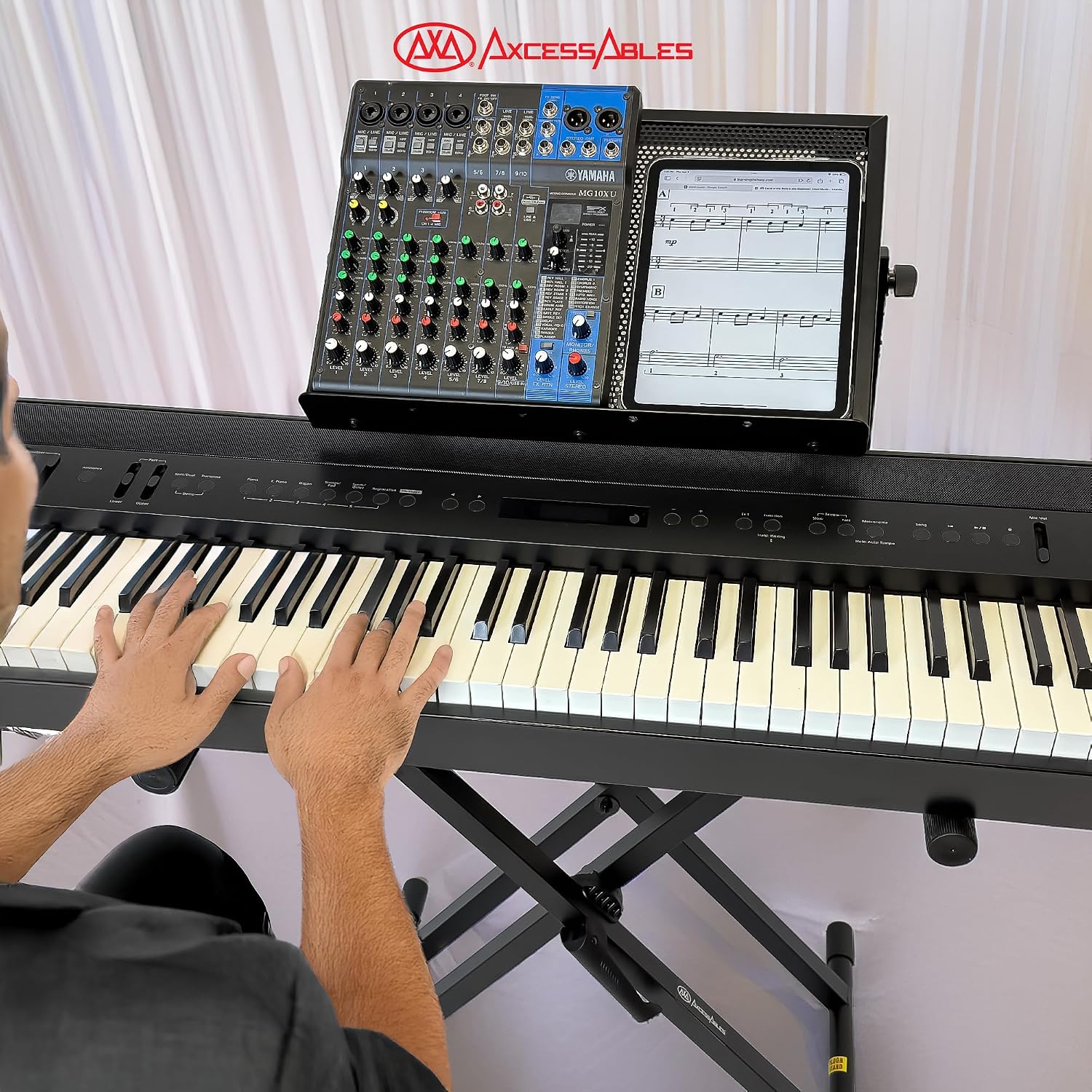 AxcessAbles Dual Piano Keyboard Stand with 2nd Tier – X Style Adjustable and Portable Heavy Duty 2 Tier Stand for Synths, Laptops, Tablet, Sheet music and Digital Keyboards – Fits 54, 61, 64, 88 Key Pianos. Electric Piano and Sheet Music Stand