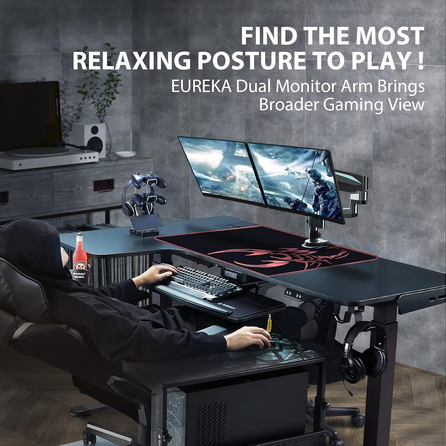 EUREKA ERGONOMIC Dual Monitor Stand, Fully Adjustable Gas Spring Double Monitor Arms for PC Computer Screen 13 to 32 inch up to 17.6 LBS W VESA 75x75mm,100x100mm C Clamp Grommet Base, Black