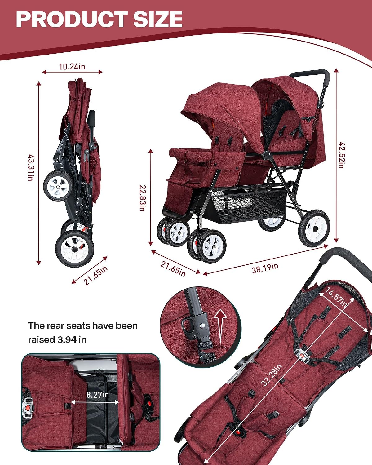 Double Stroller for Infant Toddler, Foldable Double Baby Stroller with Tandem Seating and Adjustable Backrest - Extra Gift Toys/Mosquito Net/Sleeping Mats/ 2 Cotton Pads/ 2 Hooks(Red)
