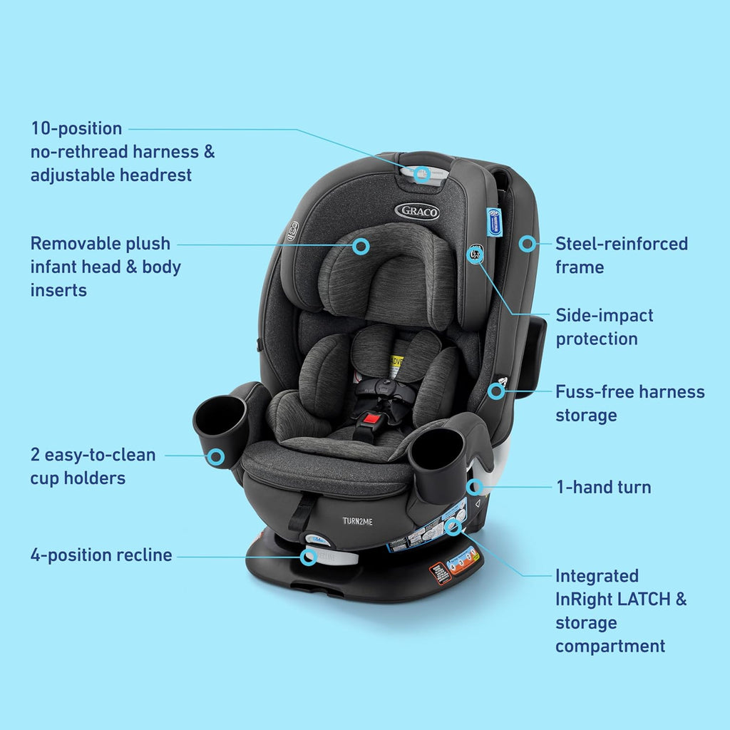 Graco Turn2Me 3-in-1 Rotating Convertible Car Seat, Manchester, Rear-Facing Rotation Only, Forward-Facing Mode, Highback Booster Up to 100 lbs, Adjustable Headrest & Harness, Steel Reinforced Frame
