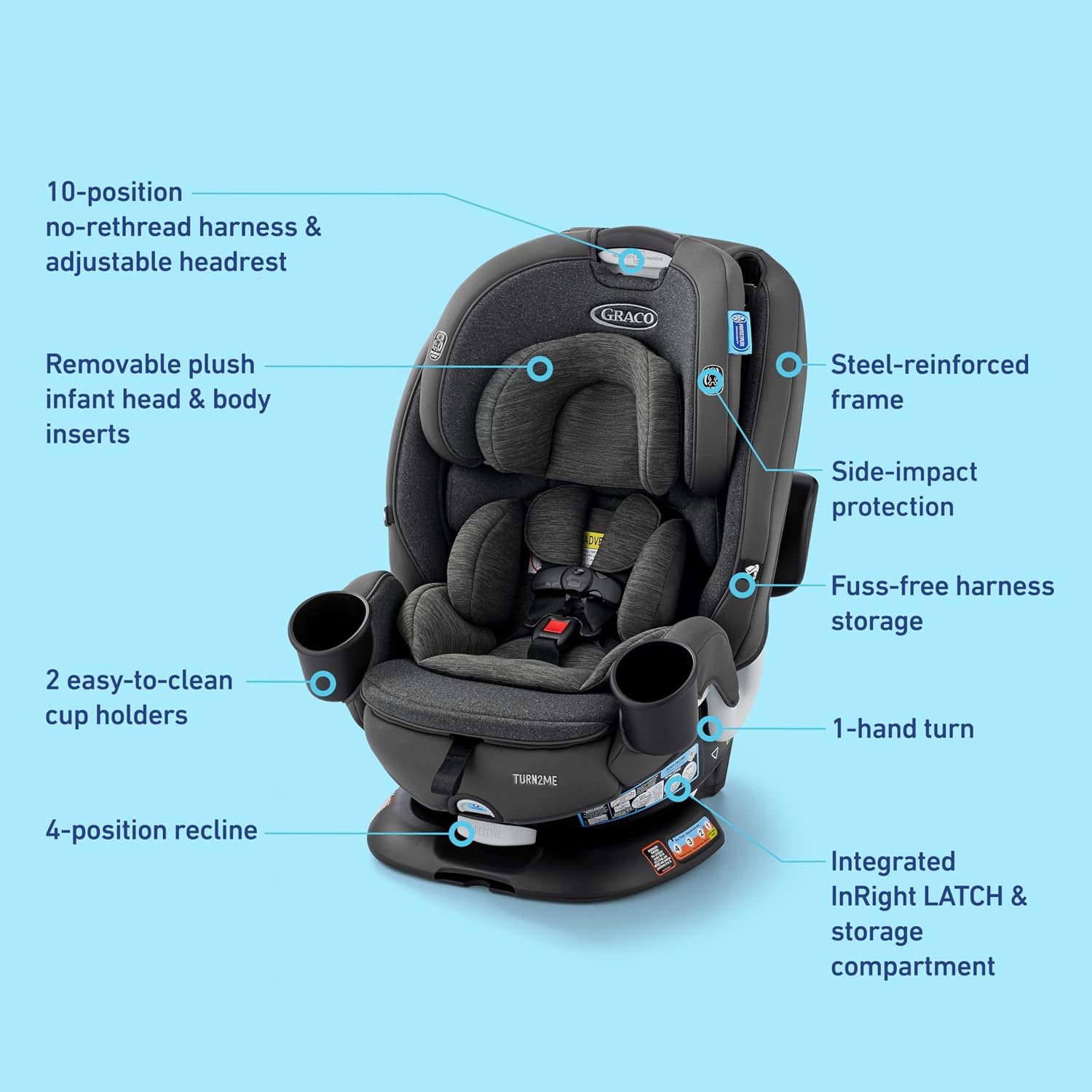 Graco Turn2Me 3-in-1 Rotating Convertible Car Seat, Manchester, Rear-Facing Rotation Only, Forward-Facing Mode, Highback Booster Up to 100 lbs, Adjustable Headrest & Harness, Steel Reinforced Frame