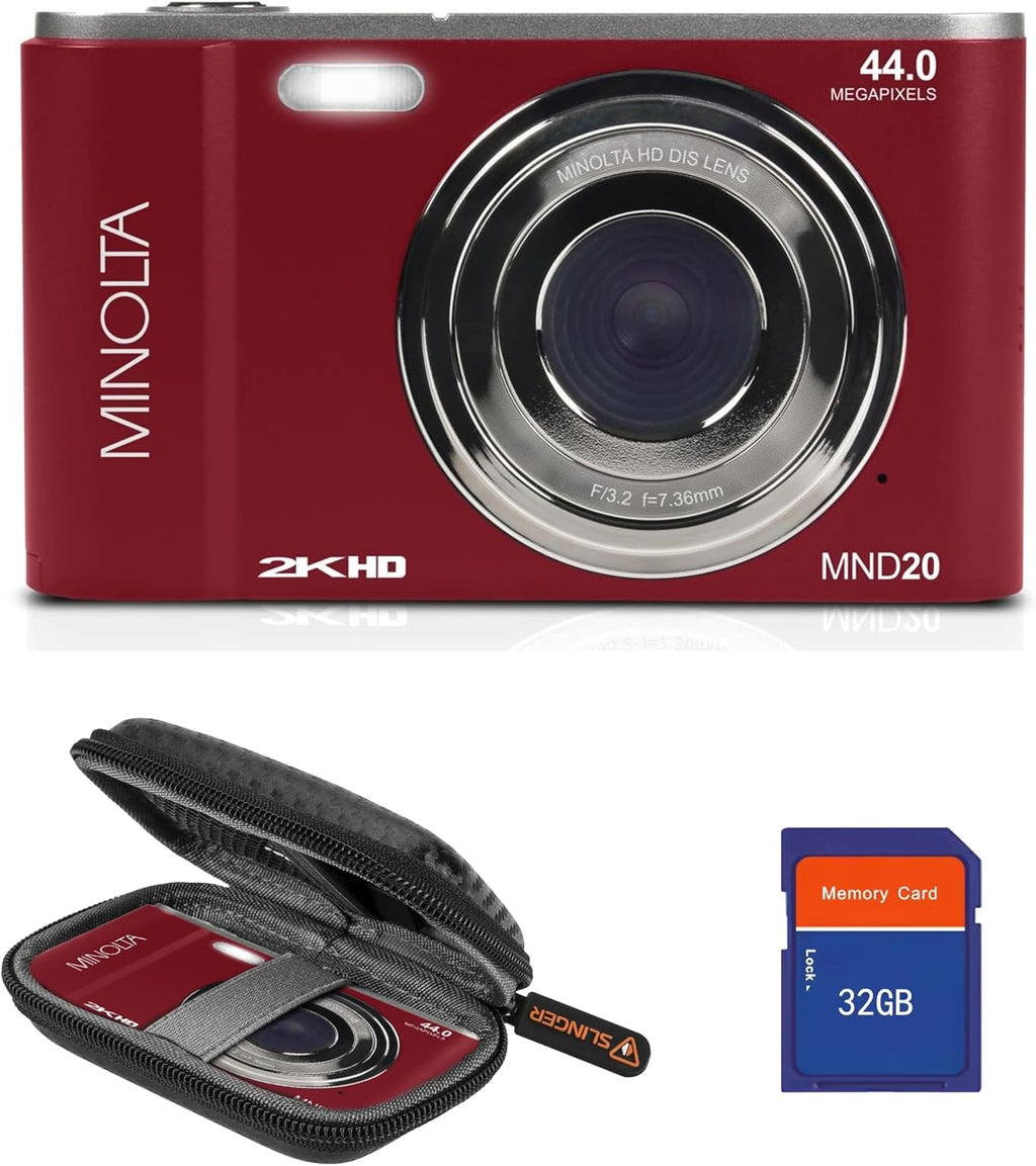 Minolta MND20 44 MP 2.7K Ultra HD Digital Camera with Slinger Camera case (Red)