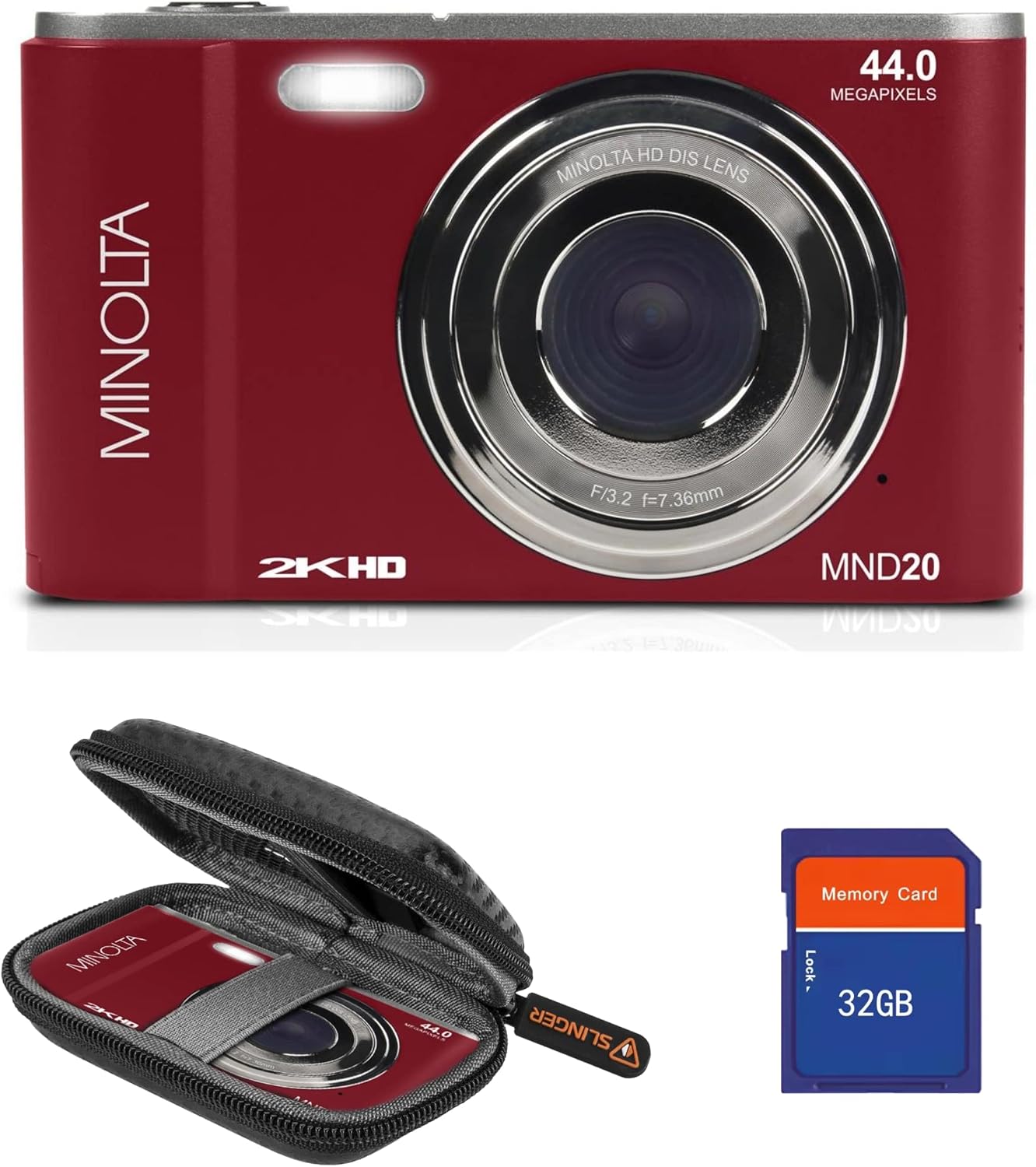 Minolta MND20 44 MP 2.7K Ultra HD Digital Camera with Slinger Camera case (Red)
