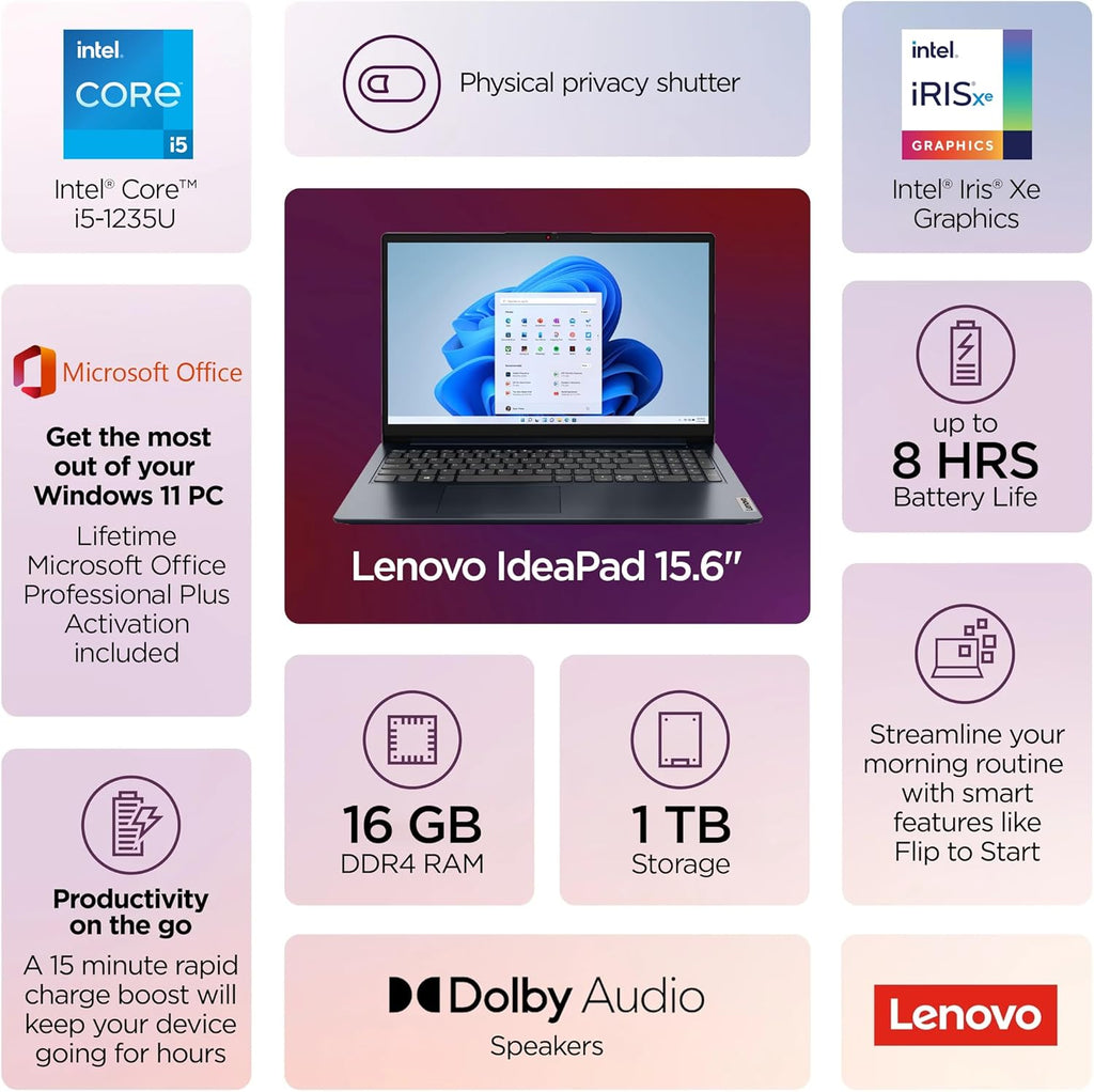 Lenovo IdeaPad 15.6' Flagship Touchscreen Laptop 2025, 10-Core Intel i5, Lifetime Office 2024, Copilot AI, 16GB RAM, 1TB Storage (500GB SSD + 500GB Ext), HubxcelAccessory, Long Battery, Win 11 Pro