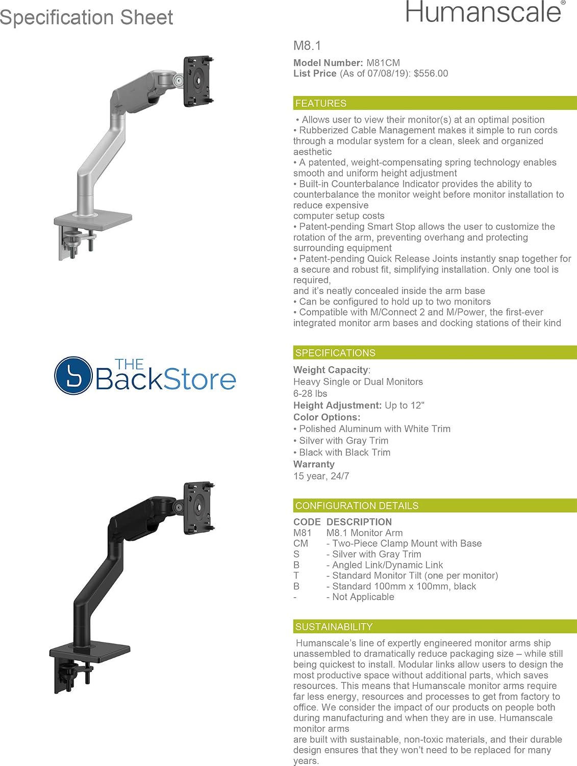 Humanscale M8.1 Adjustable Monitor Arm with Two Piece Clamp Mount and Base - Polished Aluminum M81CMWBTB