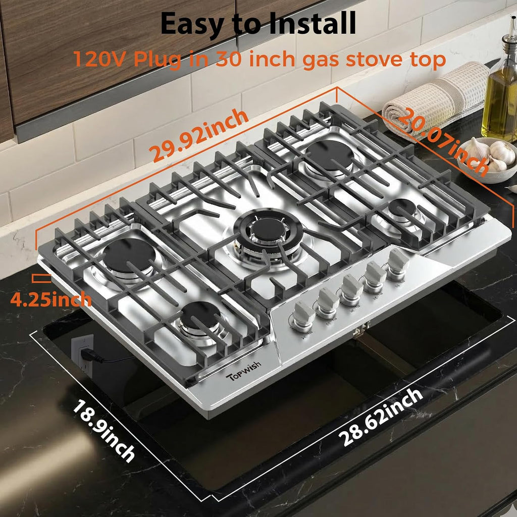 30 Inch Gas Cooktop, TOPWISH Gas Stove Top with 5 High Efficiency SABAF Burners, 41400 BTU, NG/LPG Convertible 304 Stainless Steel Built-in Propane Stovetop with Thermocouple Protection, 120V AC