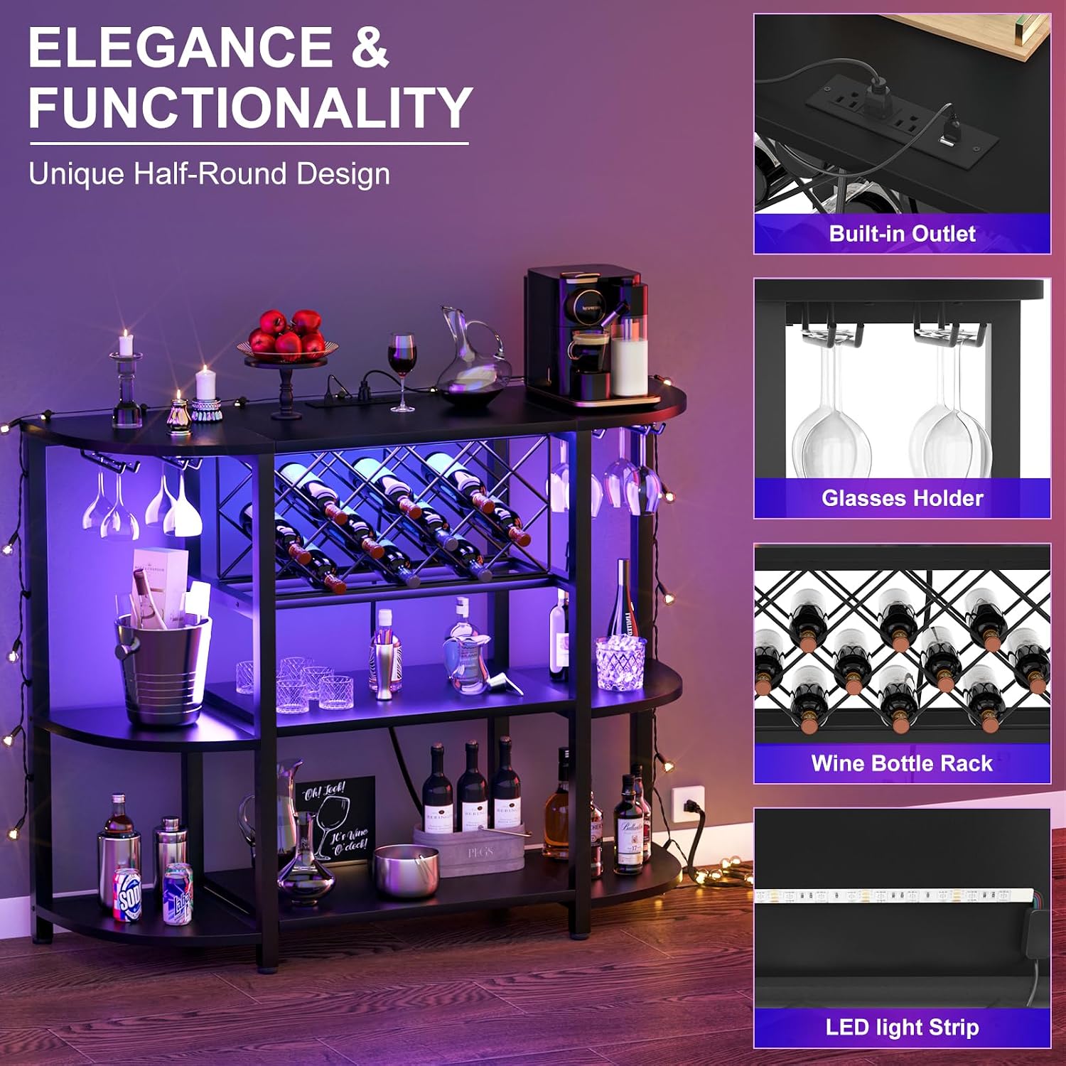Unikito 4-Tier Metal Coffee Bar Cabinet with Outlet and LED Light, Freestanding Floor Bar Table for Liquor with Glass Holder and Wine Storage, Wine Table Bakers' Rack for Kitchen Dining Room, Black