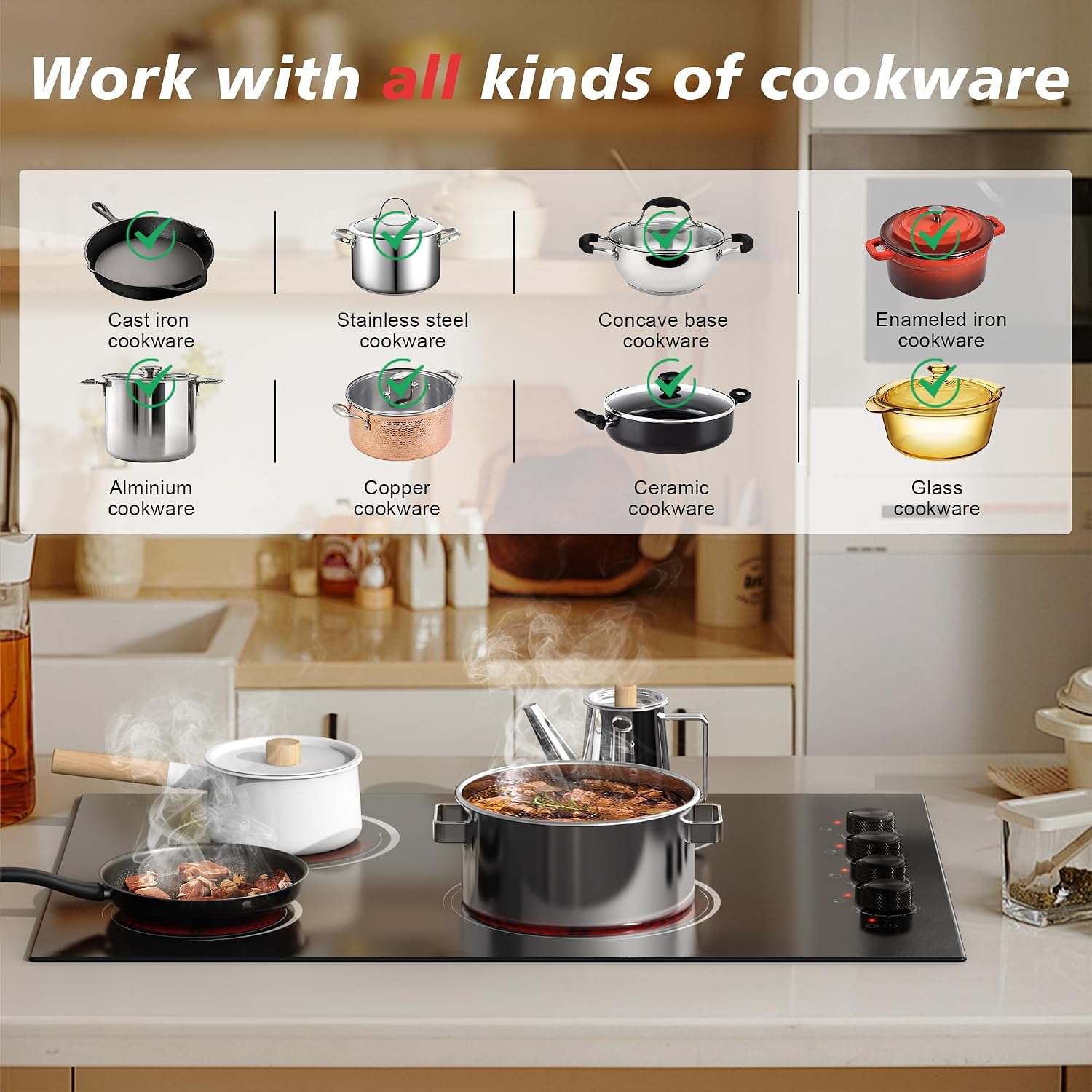 30 Inch Electric Cooktop 4 Burners with Knob Control,6700W Built-in Radiant Electric Cooktop, 9 Power Levels, Hot Warning, 220V Hard Wire(No Plug)