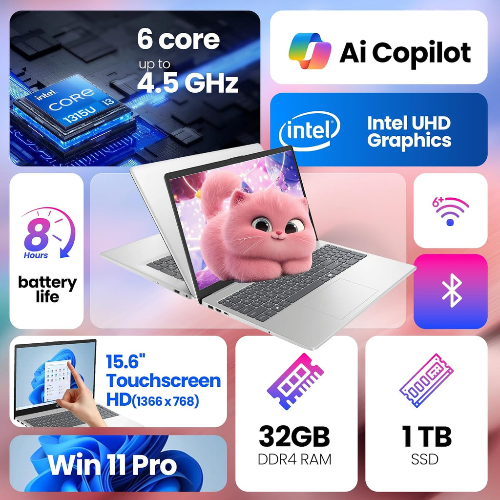 HP 2026 Touchscreen Laptop Computer for Student & Business, 32GB RAM 1TB SSD Windows 11 Pro, Intel Core i3-1315U (Up to 4.5GHz), 15.6' LED, Copilot AI, Numeric Keyboard, Type-c, Patented KB Kit