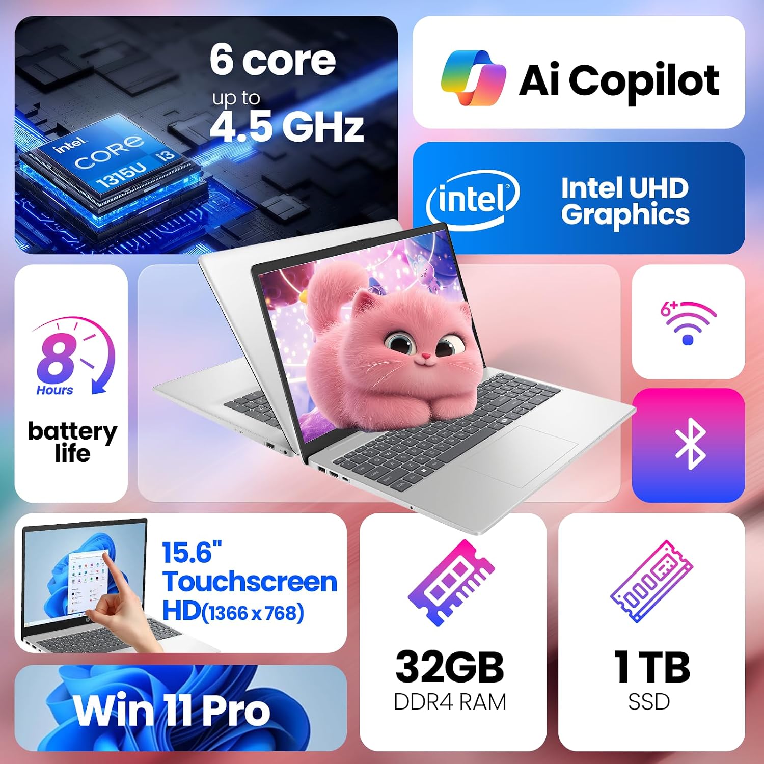 HP 2026 Touchscreen Laptop Computer for Student & Business, 32GB RAM 1TB SSD Windows 11 Pro, Intel Core i3-1315U (Up to 4.5GHz), 15.6' LED, Copilot AI, Numeric Keyboard, Type-c, Patented KB Kit