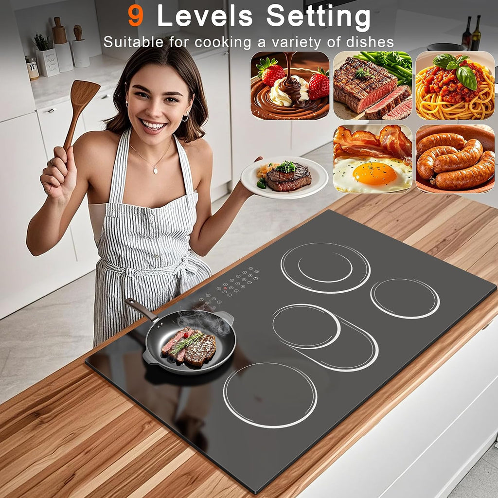 5 Burner Electric Cooktop 36 Inch, Nefaracy Built-in Electric Stove Top 8400W, 36'' Ceramic Cooktop with Touch Control, BBQ Burner, Timer & Pause, Safety Lock, 220V Hard Wire