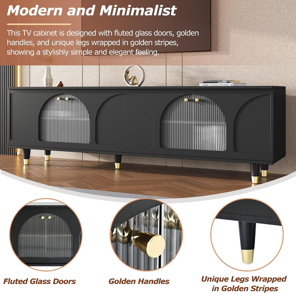 LUMISOL Modern TV Stand for 75'+ TV, Arch TV Console with Glass Door Cabinets, Wood Entertainment Center with Arch Panel Doors for Living Room, Bedroom, Black