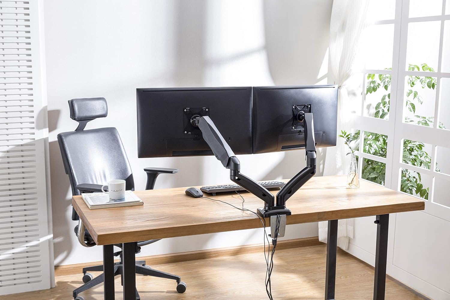 Rocelco Premium Double Monitor Desk Mount with USB 2.0 and Audio Port - Fits Dual 13' - 27' LED LCD Flat Screens - Pneumatic Full Motion Assist Adjustable Arm - Grommet and C Clamp - Black (R MA2)