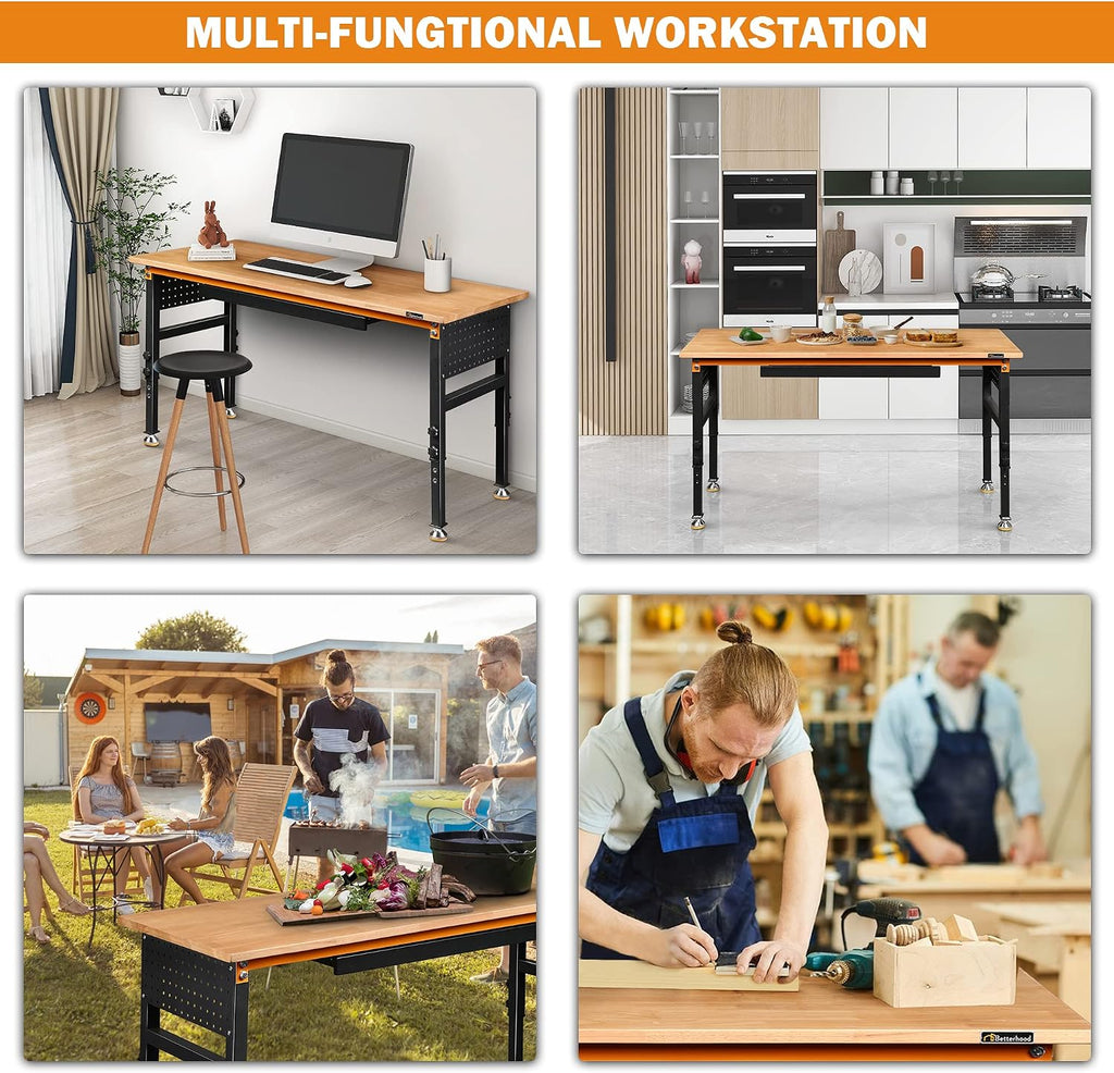 Betterhood 60' Heavy-Duty Adjustable Workbench for Garage, Rubber Wood Shop Table W/Double Pegboards & Drawer,Hardwood Workstation Weight Capacity Over 2000 Lbs