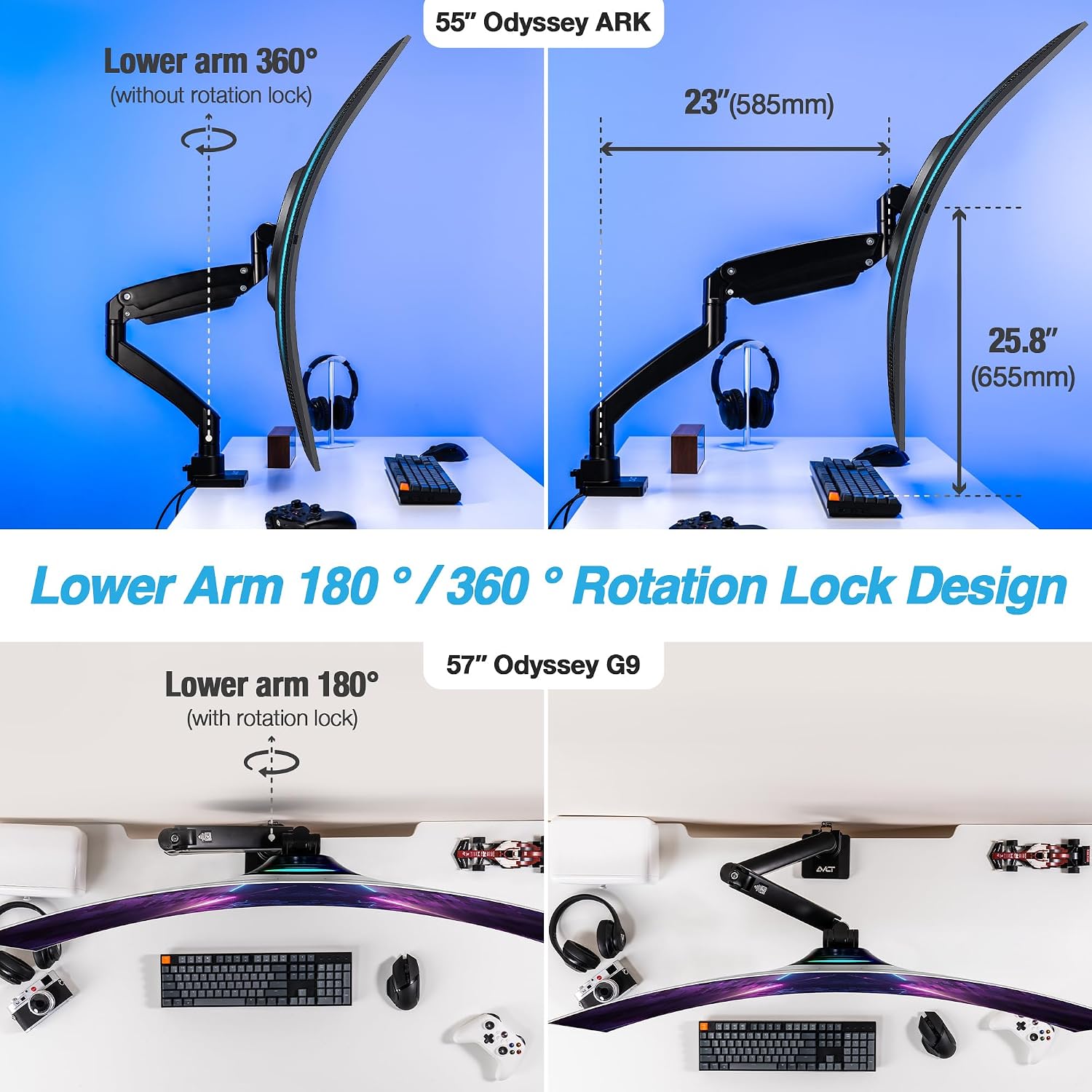 AVLT Single 17'-57' Super Ultrawide Monitor Arm for Screens Up to 59.5 lbs, Premium Aluminum Desk Stand, Adjustable Pneumatic Height, Full Motion Swivel Tilt Rotation, USB-C&A Ports, Black