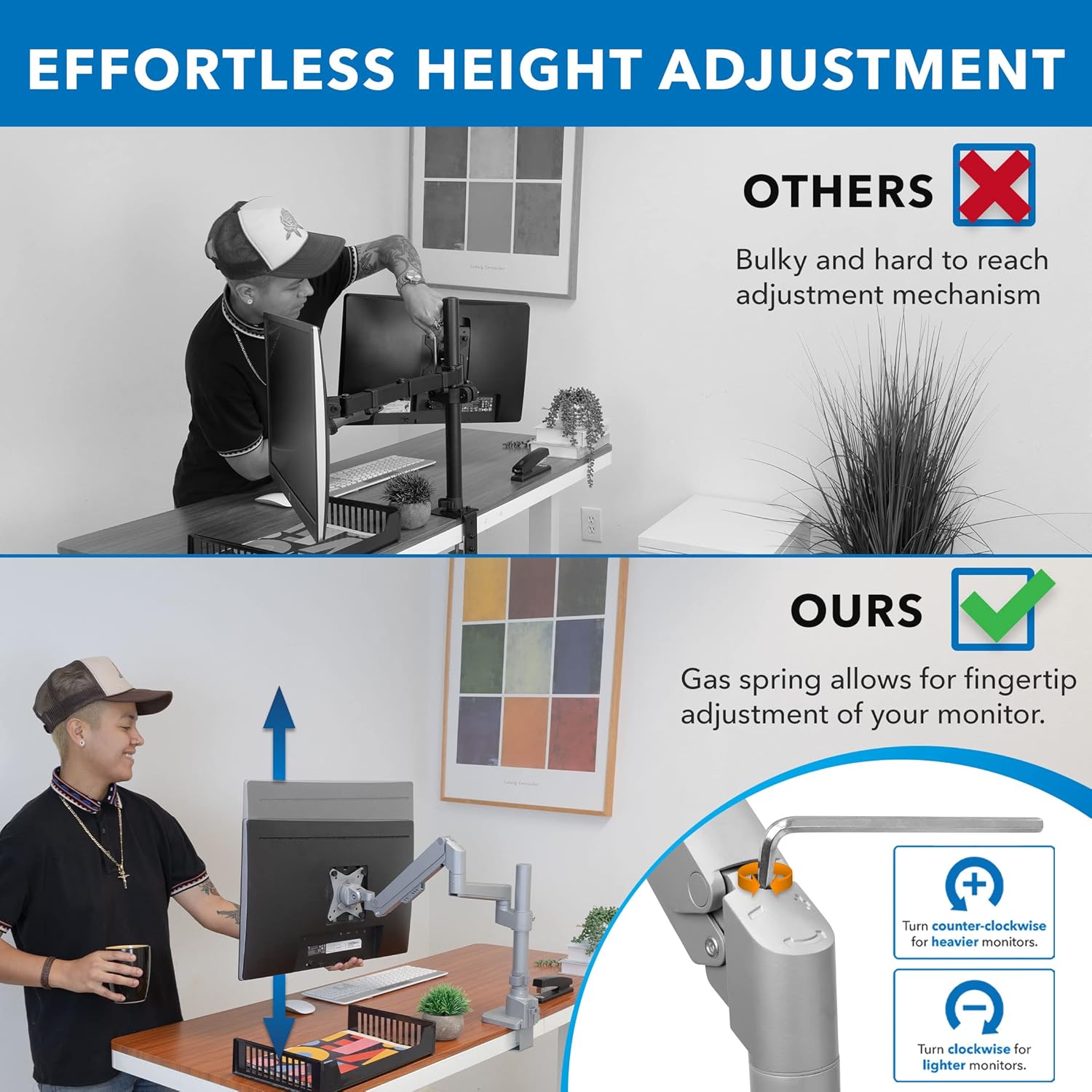 Mount-It! Single Monitor Desk Mount – Pole Mounted Gas Spring Arm, Full Motion Height Adjustable Monitor Stand with C-Clamp or Grommet Base, Fits 19–32 Inch Screens, Silver