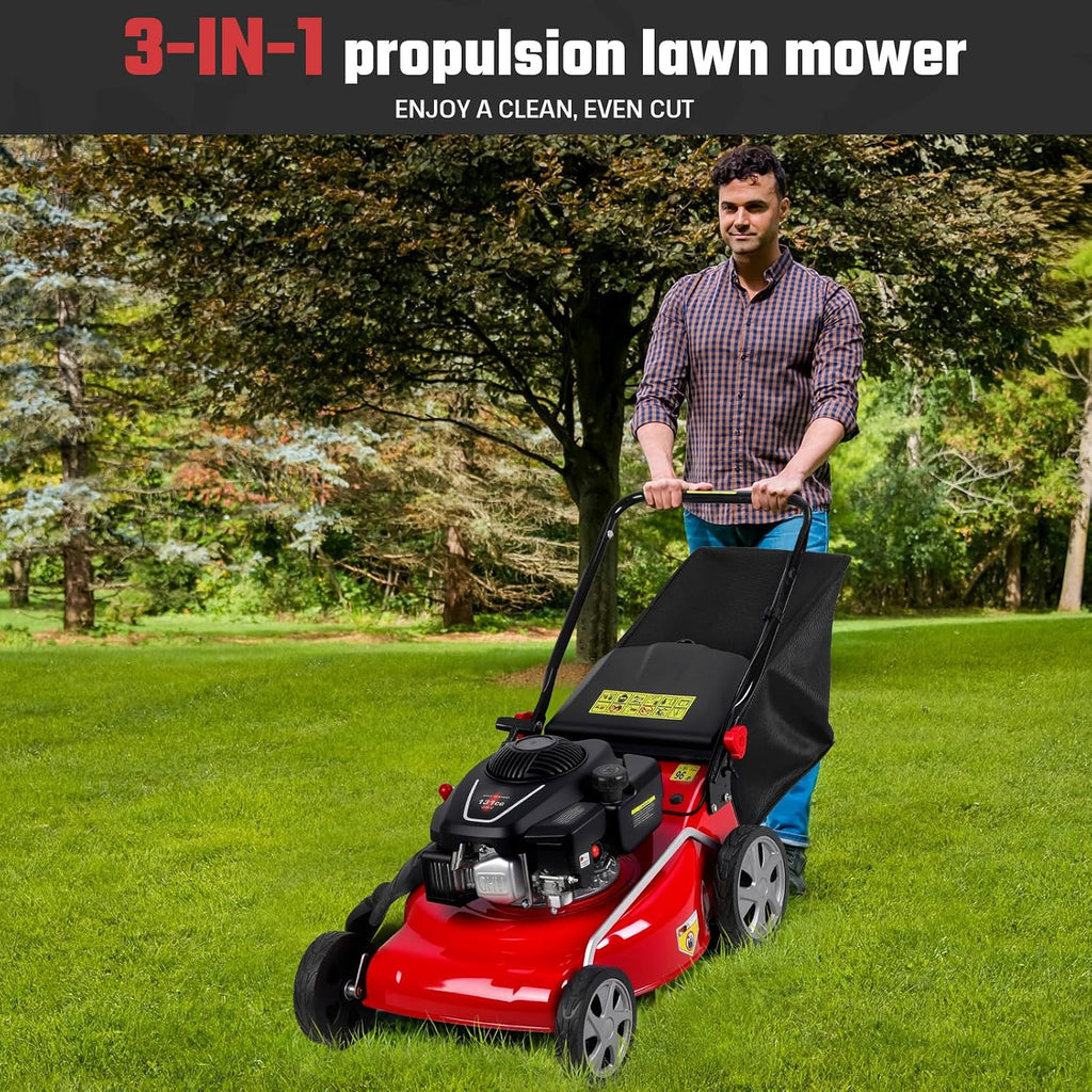 18-Inch 3-in-1 Gas Lawn Mower | Self-Propelled Push Mower with 131cc Engine & 50L Bag for Residential Yards (Red)