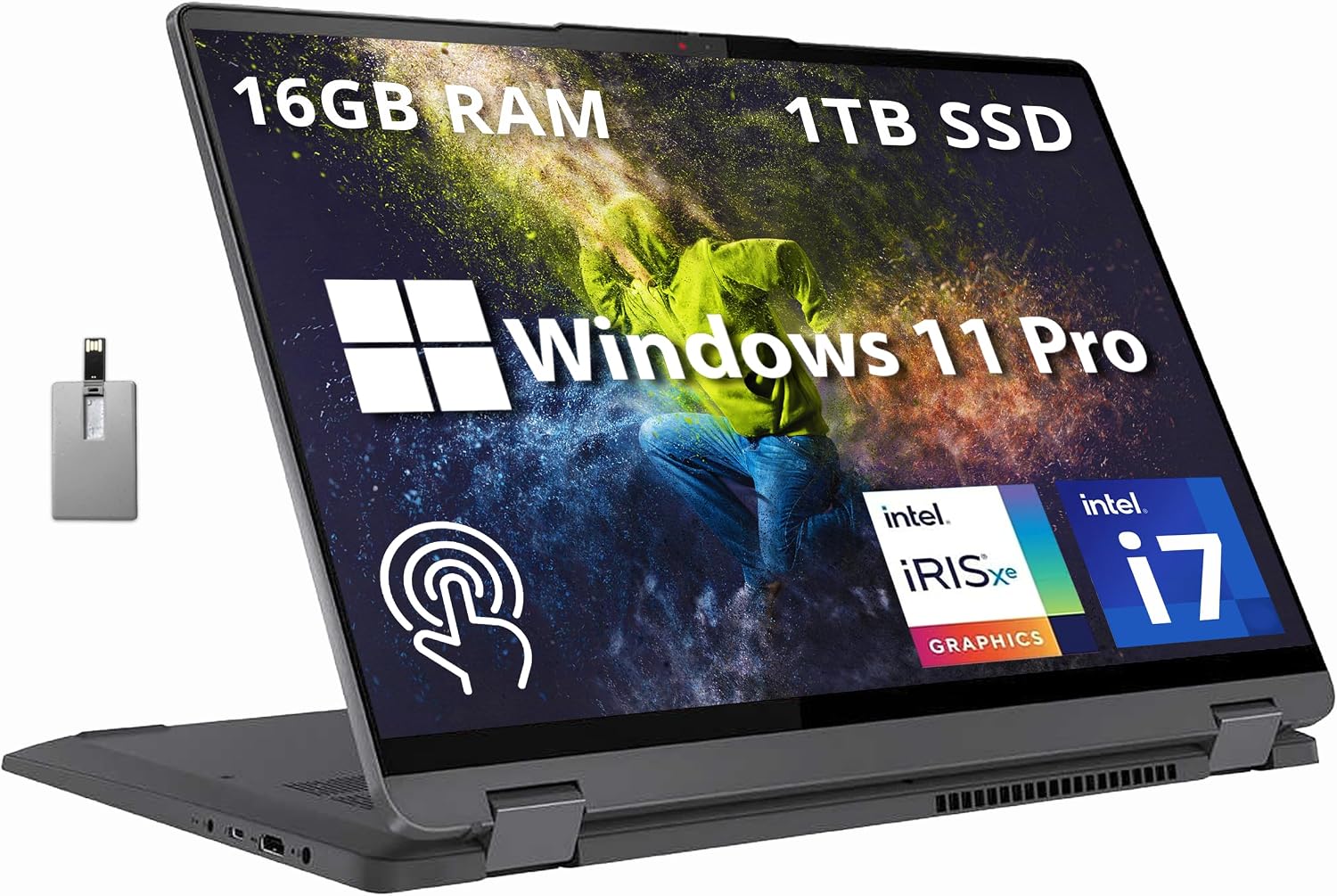 Lenovo IdeaPad Flex 5 16'' 2-in-1 2.5K IPS Touchscreen Laptop, Intel Core i7-1255U, 16GB RAM, 1TB SSD, Backlit Keyboard, Fingerprint Reader, Win 11 Pro, Storm Grey, 32GB Hotface USB Card, Gray