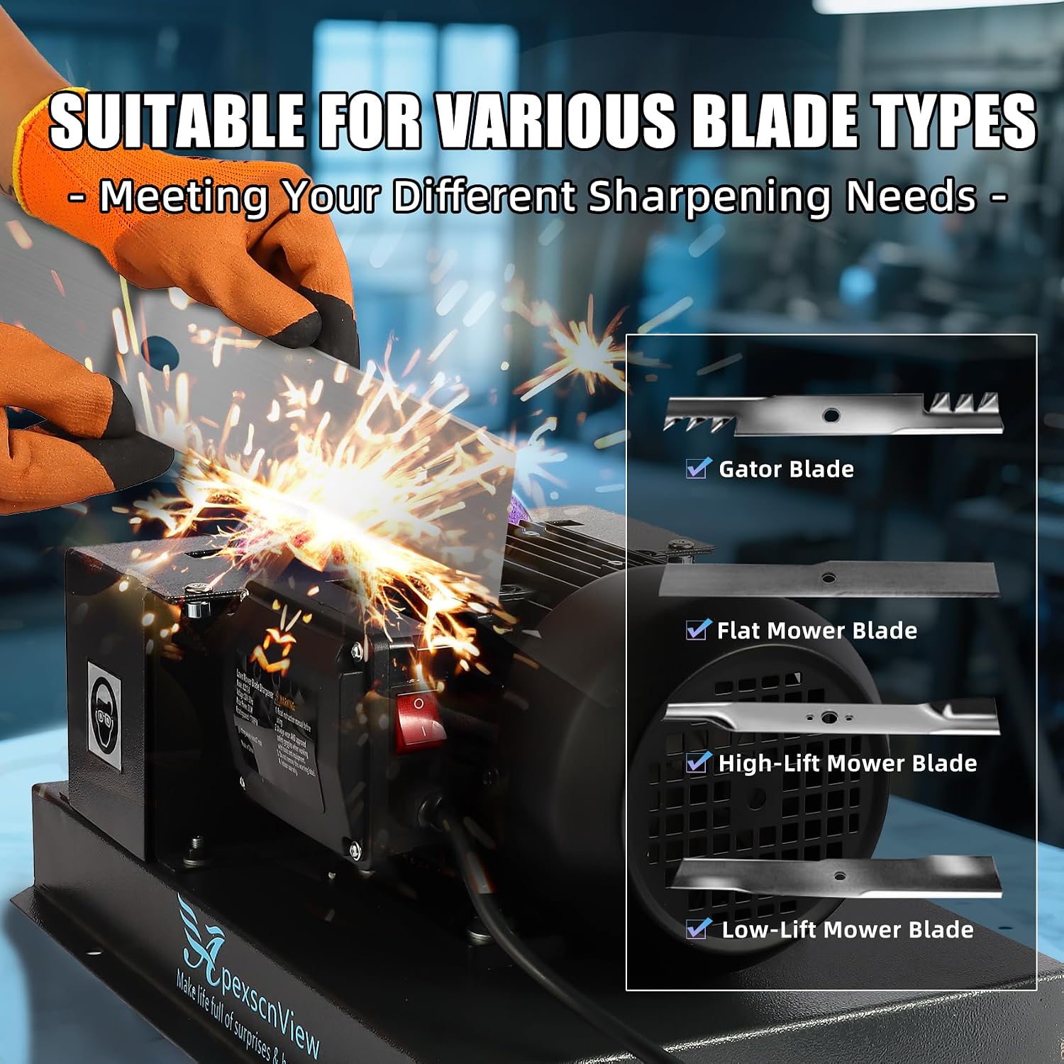 Lawn Mower Blade Sharpener, 2/3HP 500W Lawn Mower Blade Grinder with 7 in Ceramic Wheel, Flat Blades, Sharpens High/Low Lift, Adjustable Angle Bracket and Blade Balancer, Etc.