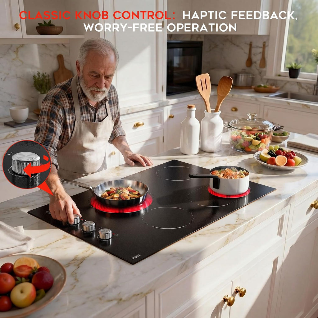 Electric Cooktop 30 Inch Hobsir, 4 Burner Electric Stove Top 6700W, Dual-Ring Burner & Oval Burner, 9 Power Level, 30 Inch Cook top with Safety Lock, Timer, Silver Knob