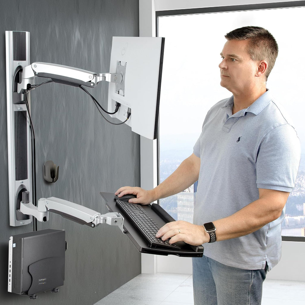 StarTech.com Wall Mount Workstation, VESA Mount for 32' Monitor (22lb/10kg), Fully Articulating Monitor Mount & Keyboard Tray, TAA
