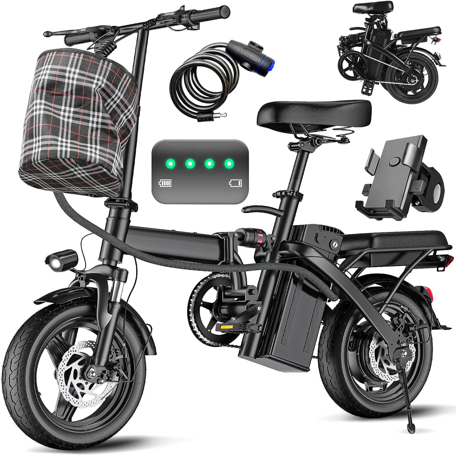 Electric Bike for Adults and Teens, 560-740W Motor, 20-25MPH Compact Commuter Folding Ebike, 32 Miles Range, 48V 10Ah Battery, 3-Level Pedal Assist, 14' Foldable Electric Bicycle, UL 2849 Certified