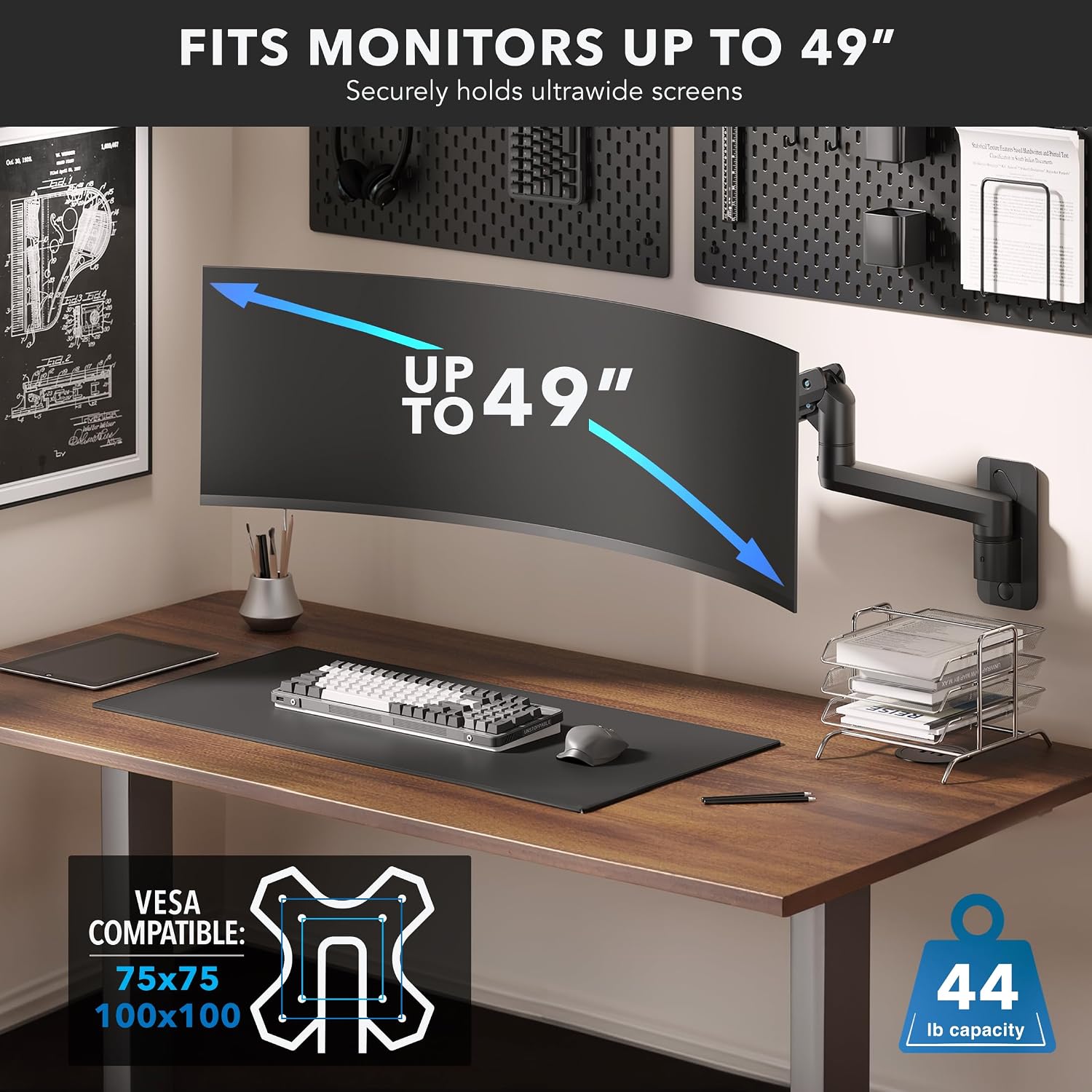 Mount‑It! Heavy‑Duty Wall Mount Arm for 49″ Curved & Ultrawide Monitors, Gas‑Spring Full Motion, 23.5″ Reach, 44 lb Capacity, VESA 75/100, Single‑Stud Install