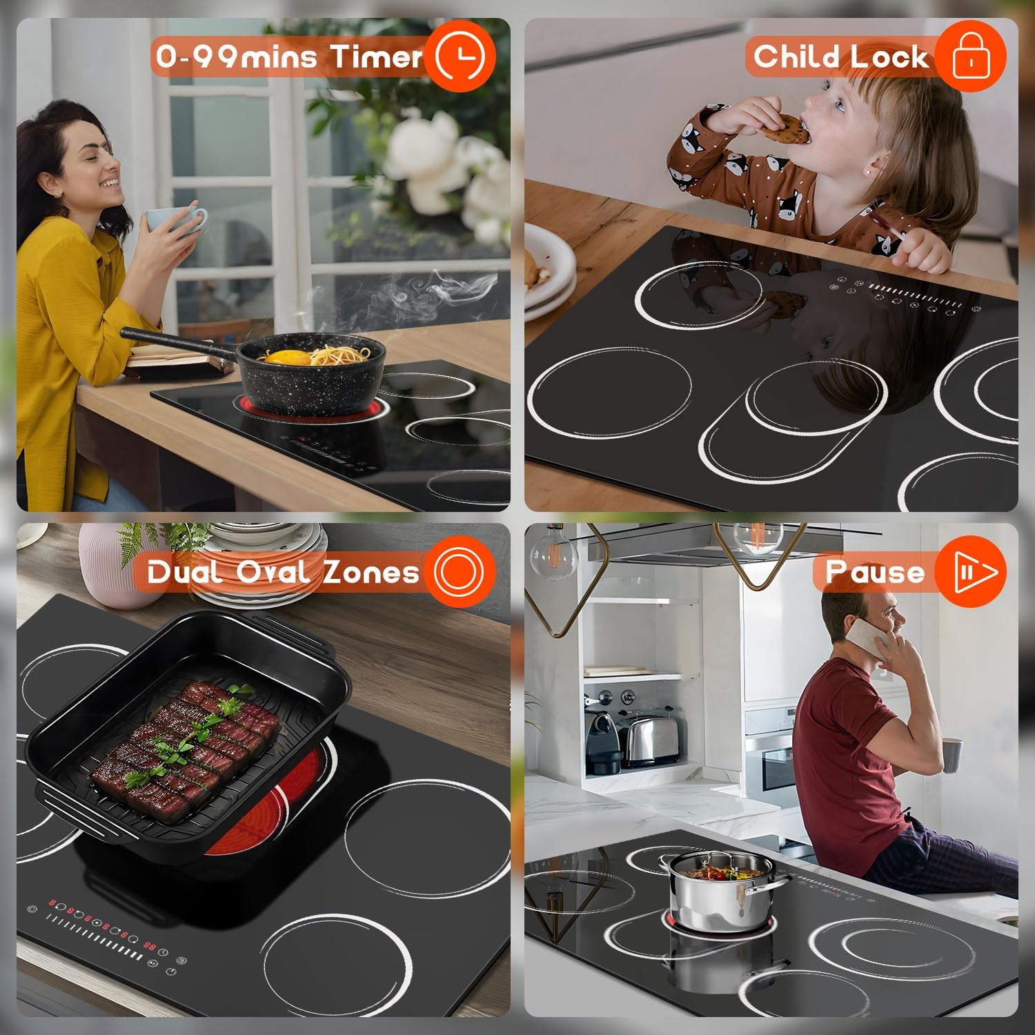 30 Inch Electric Cooktop 8400W 5 Burner Electric Stove Top with Slider Control Built-in Ceramic Cooktop 30'', Dual Oval Zone, Timer & Safety Lock, Hot Surface Indicator, 220V, Hard Wire No Plug