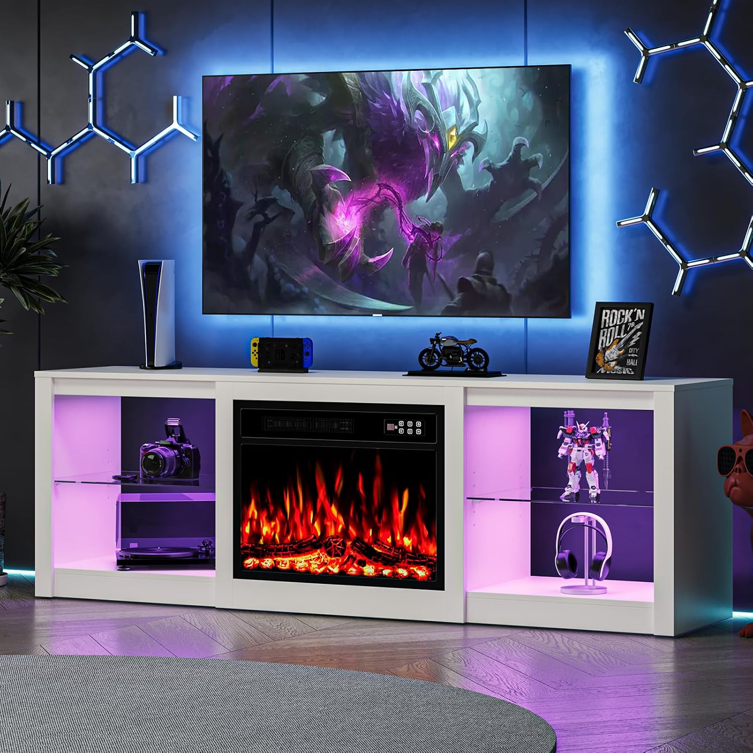 EAG 70 Inche Fireplace TV Stand for TVs up to 80 Inches with 23' Electric Fireplace, Modern Entertainment Center with Glass Shelves, LED Lights, Media TV Console for Living Room, White